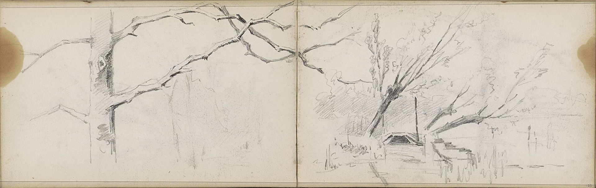 Overhellende bomen langs een waterkant by Willem Cornelis Rip
