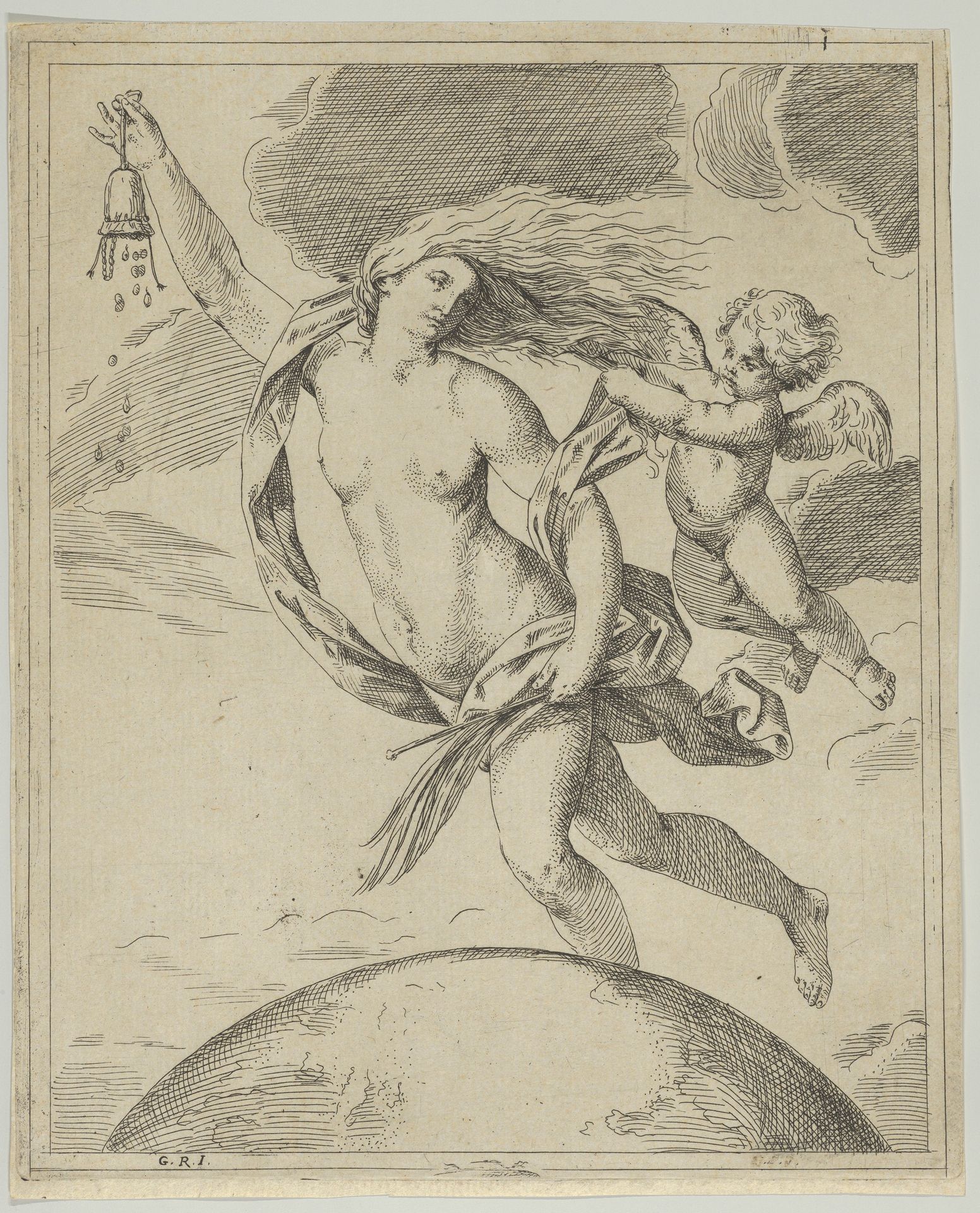 Fortune flying above the globe, partly naked, emptying a purse in her raised right hand and holding a staff in her left, a winged putto pulling her forelock, after Reni by Girolamo Scarsello