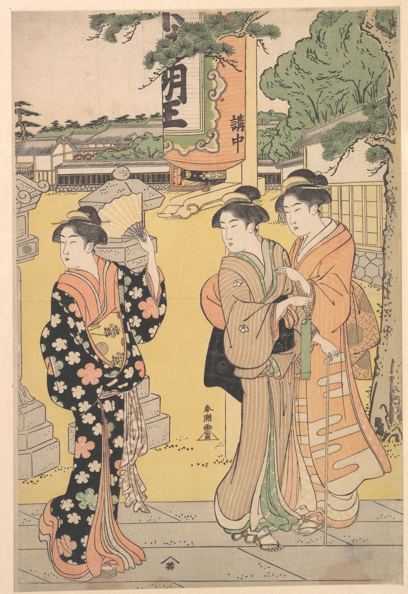 Fair Visitors in the Compound of a Buddhist Temple by Katsukawa Shunchō