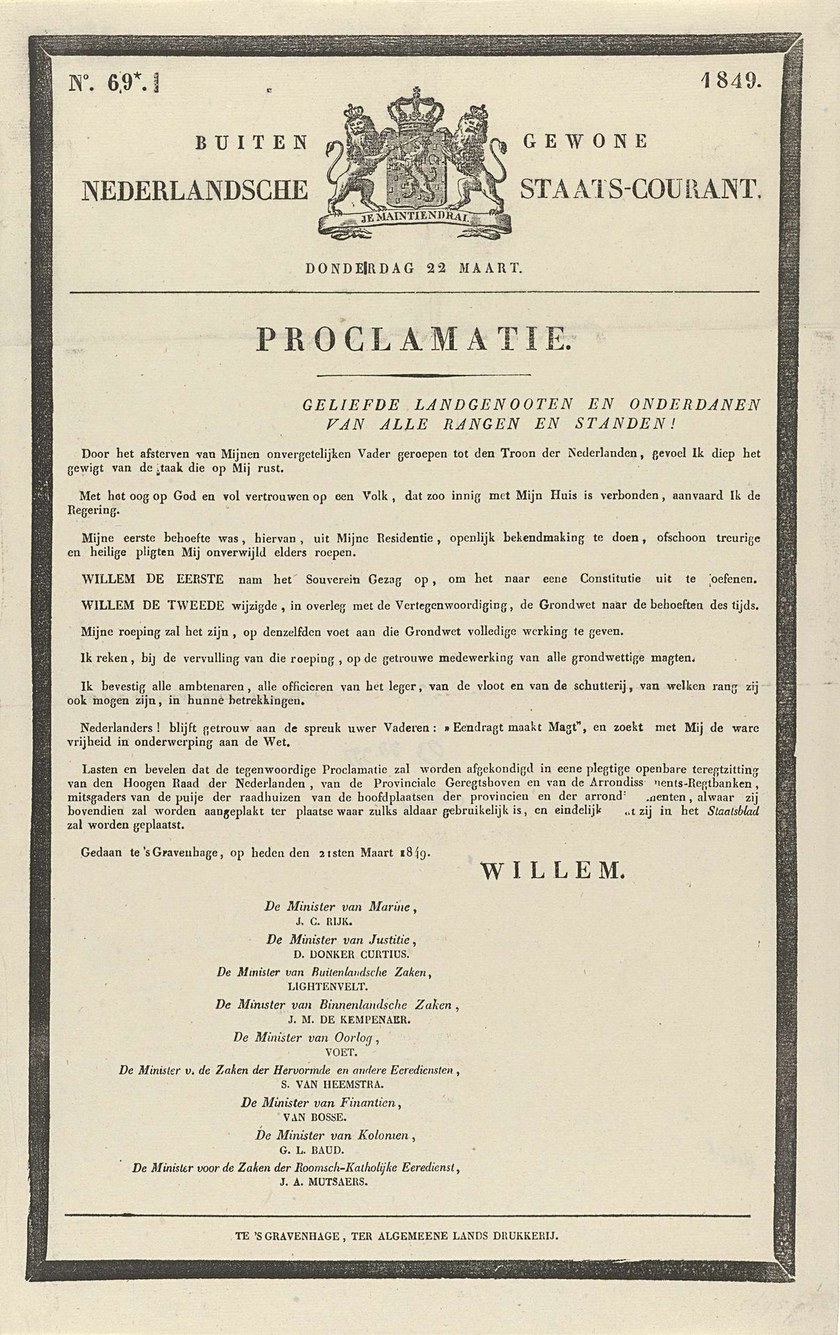 Nederlandsche Staats-Courant. Donderdag 22 Maart. No. 69*. 1849 by Algemeene Landsdrukkerij