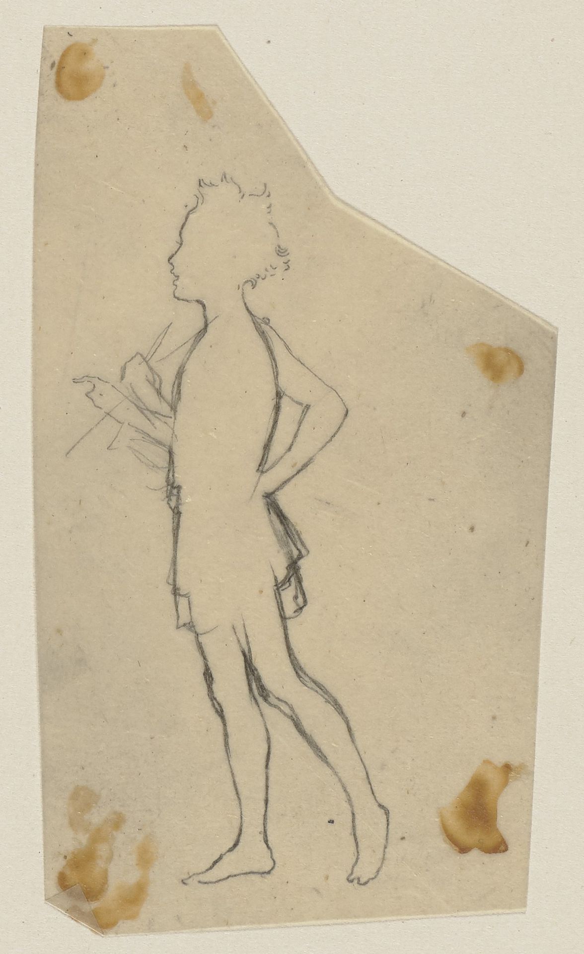 Puck mit Kleidung, erhobenem Zeigefinger und in die Seite gestütztem Arm, gehend, nach links by Paul Konewka