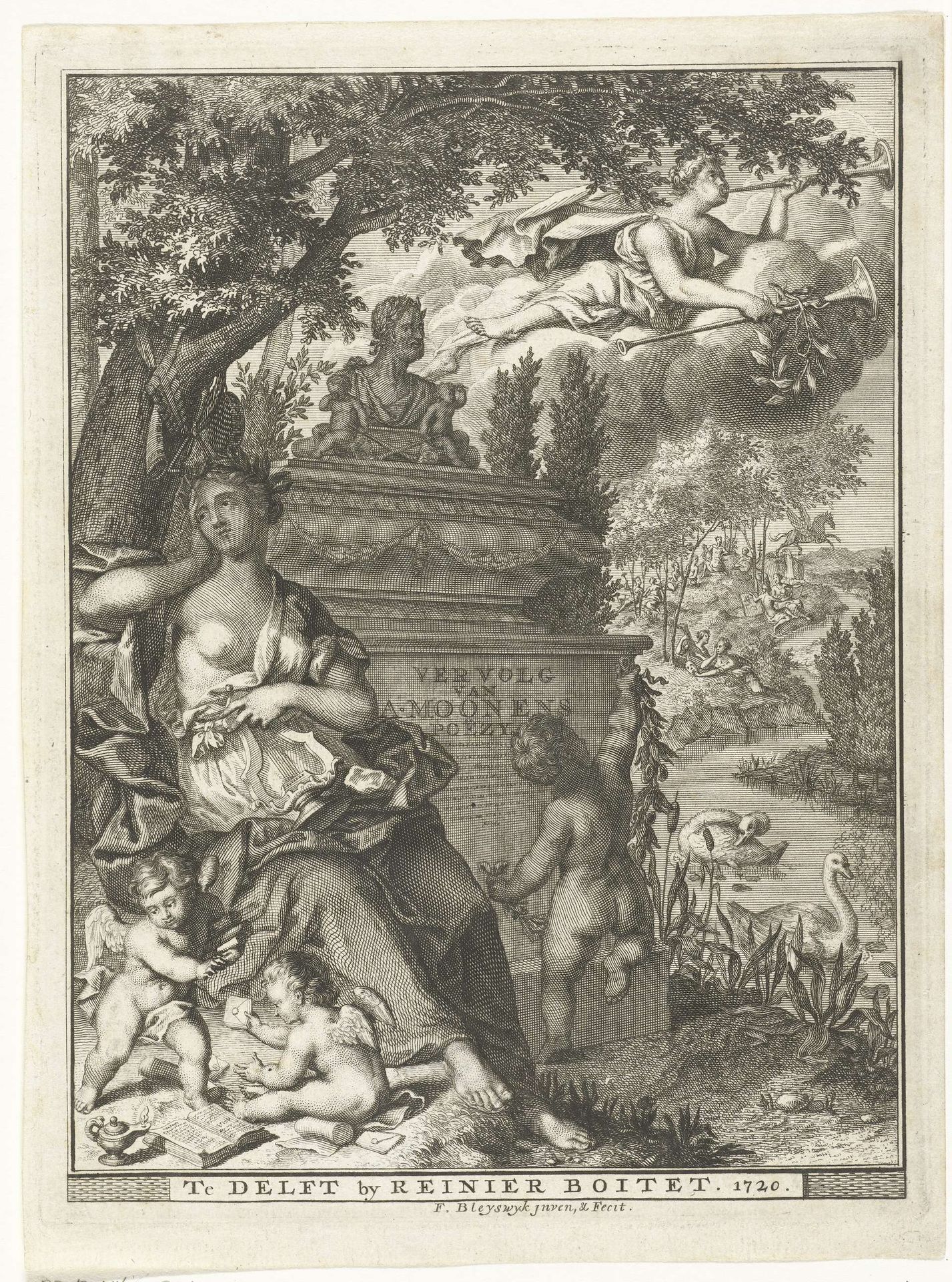 Muze en putti zitten bij grafmonument van dichter Arnold Moonen by François van Bleyswijck