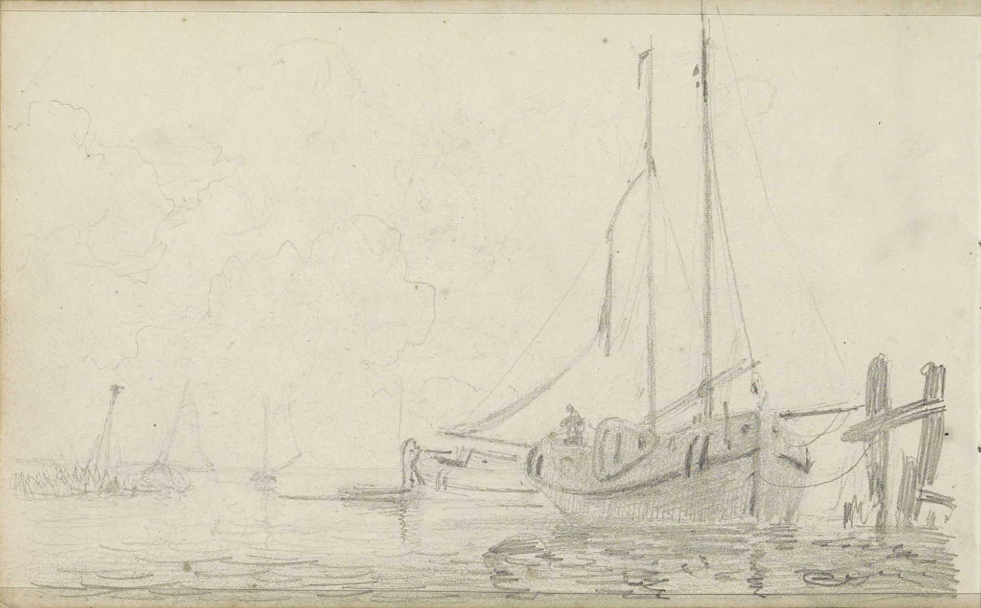 Rivierlandschap met zeilschepen by Adrianus Eversen