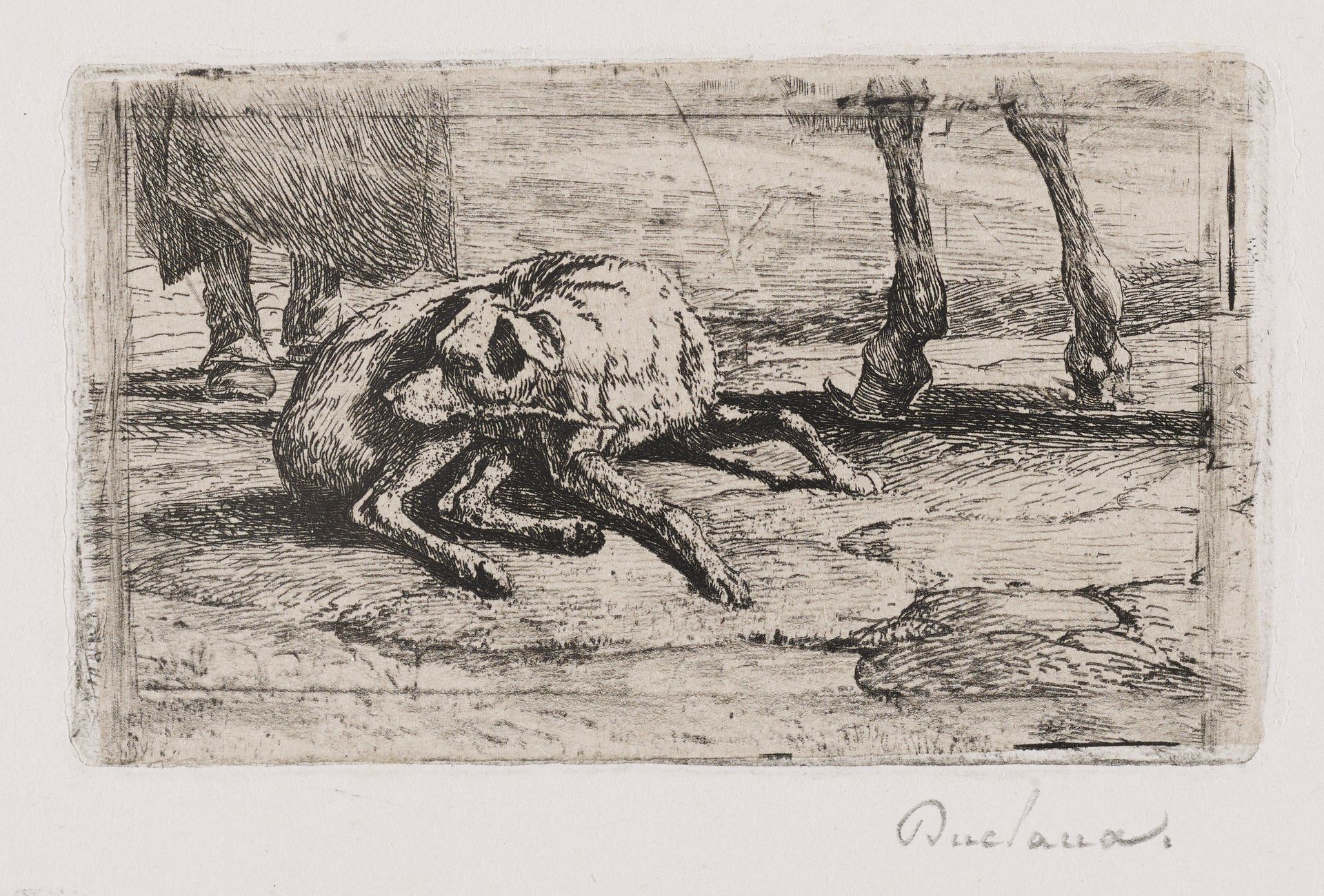 Dog Sleeping on Pavers at a Man's Feet by Antoine Jean Duclaux