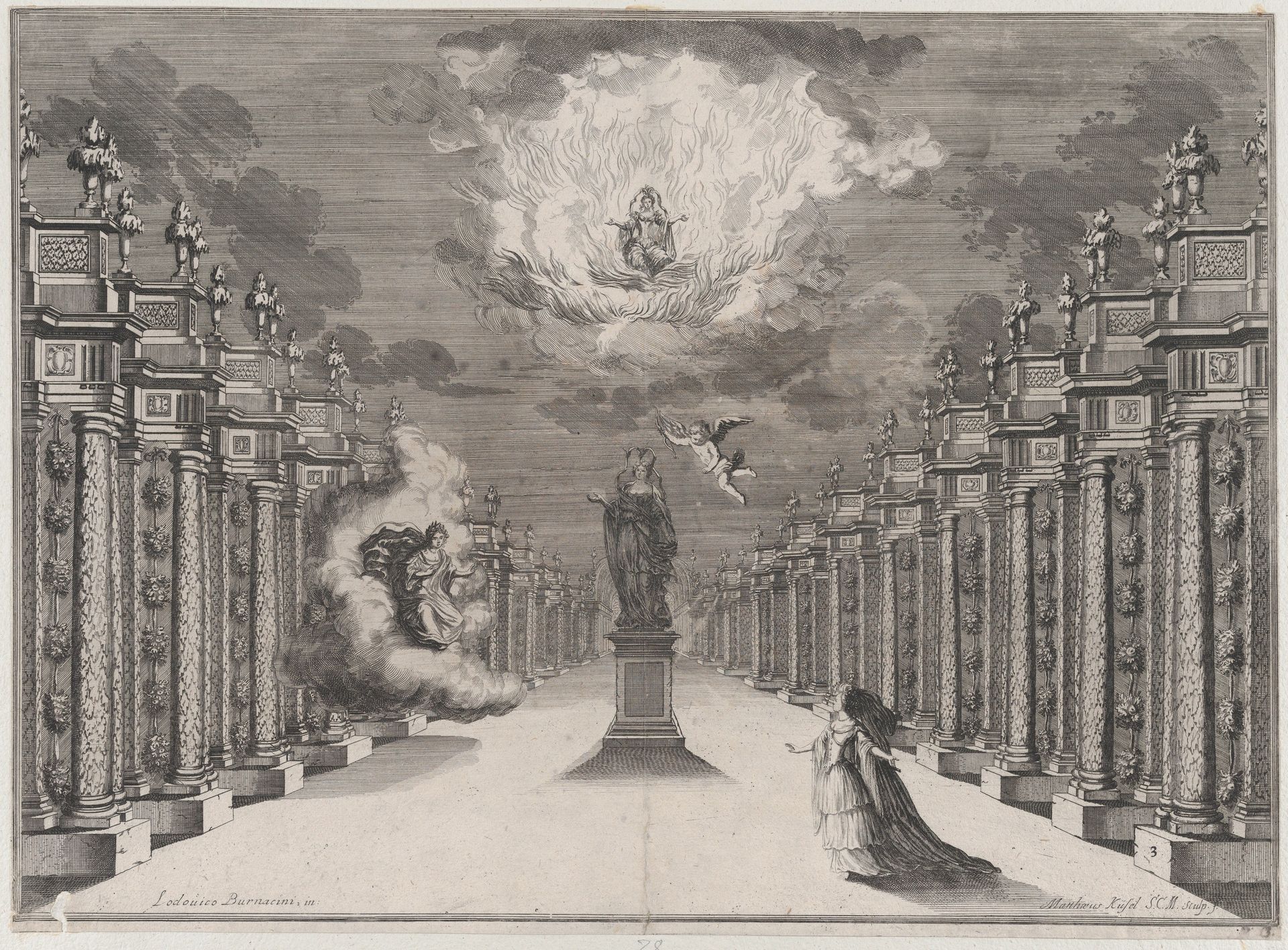 A woman standing on the right side of a road lined with columns; at center a statue of a female with cupid flying nearby; to the left, a woman emerging from the clouds as another sits among flames above; set design from 'Il Fuoco Eterno' by Mathäus Küsel