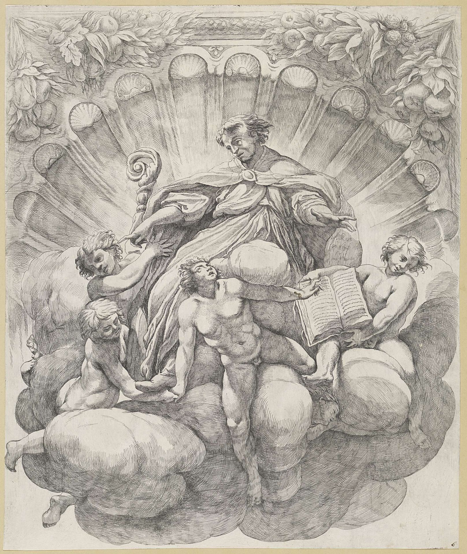 Bisschop omgeven door zes engelen by Giovanni Battista Vanni