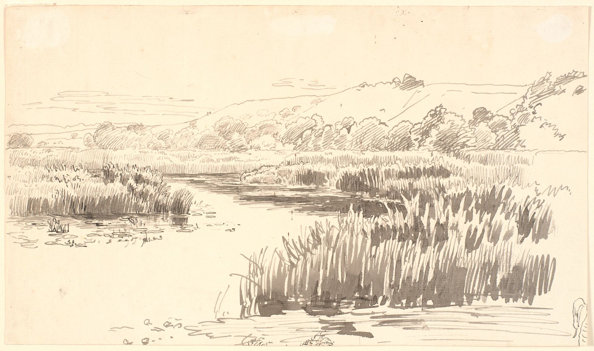 Landskab med en å langs hvis bredde der gror høje siv. Bakker i baggrunden. Formentlig Vejle by P.C. Skovgaard