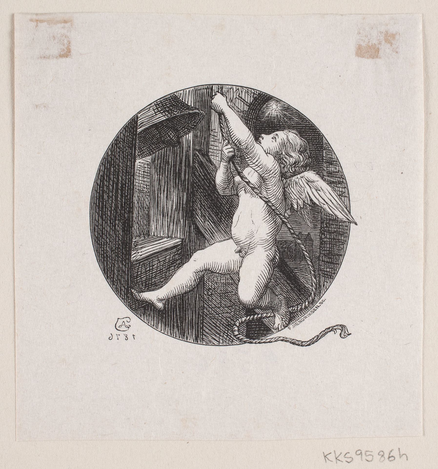 Cirkelrund Vignet med flyvende Engel by F. Hendriksen