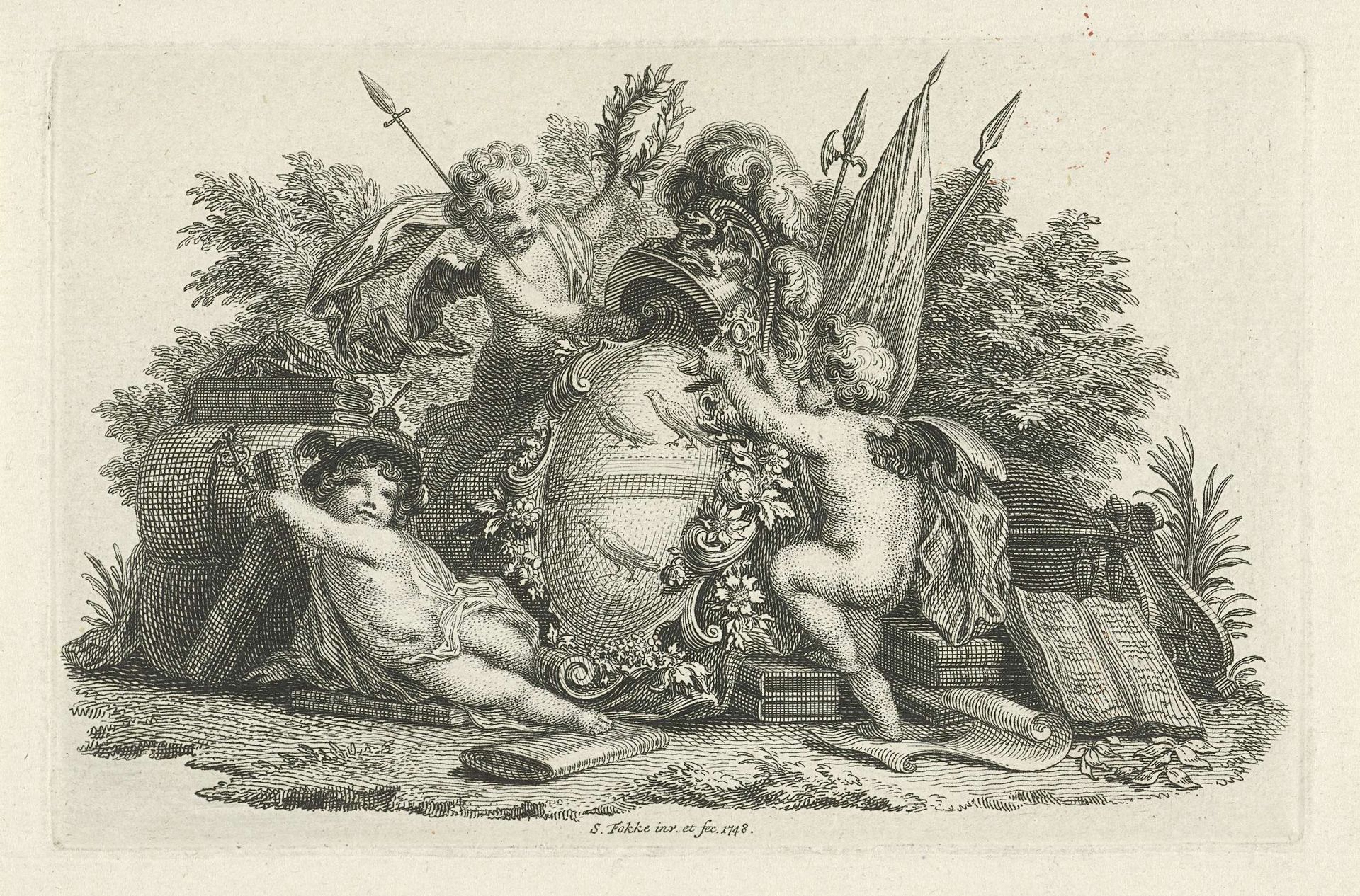 Drie putti bij gehelmd wapenschild by Simon Fokke