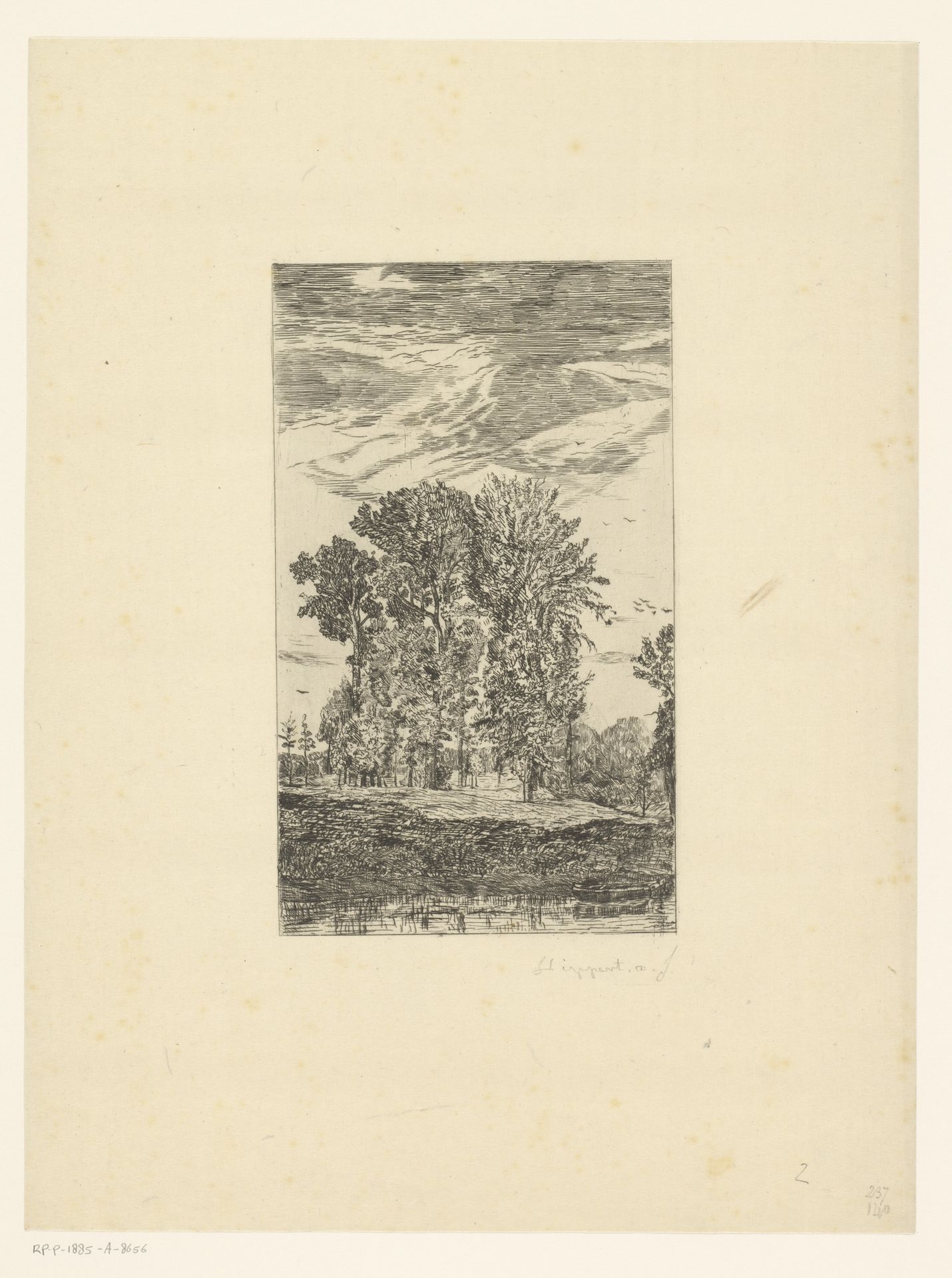 Landschap met bomen op de oever en een boot in het water by Karel Theodoor Hippert
