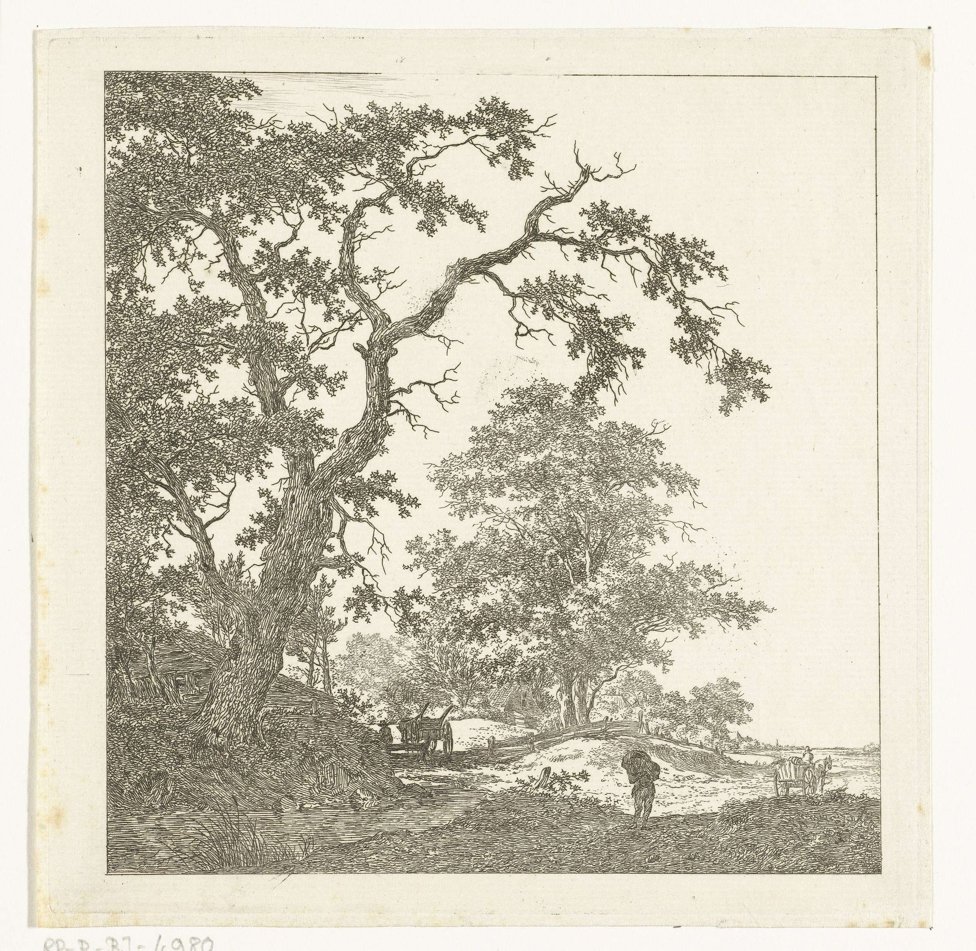 Kruisend zandpad met karren en man met pak op zijn rug by Hermanus van Brussel