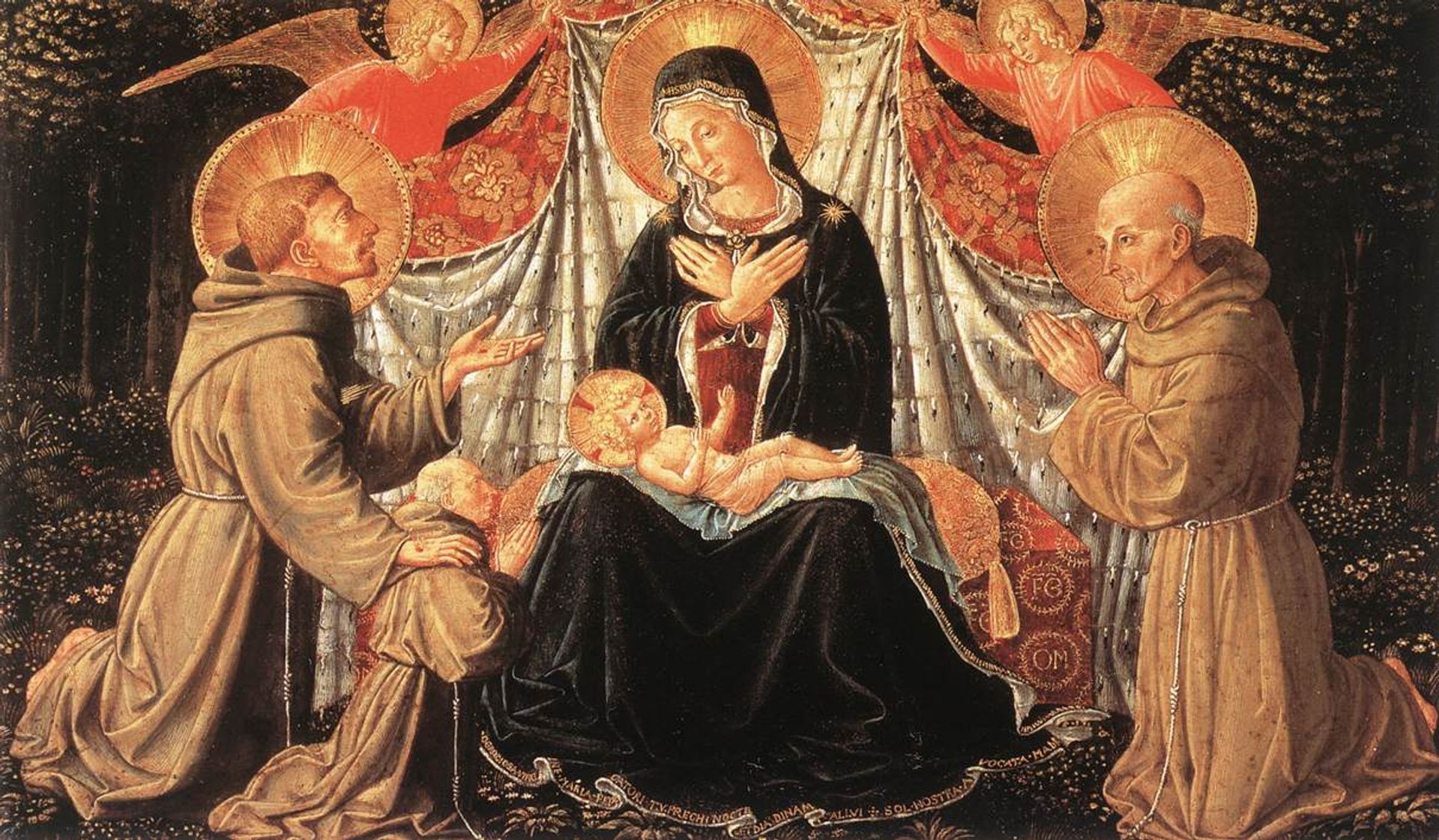 Madonna and Child with St. Francis and the donor Fra Jacopo da Montefalco (left) and St. Bernardino of Siena (right) by Benozzo Gozzoli