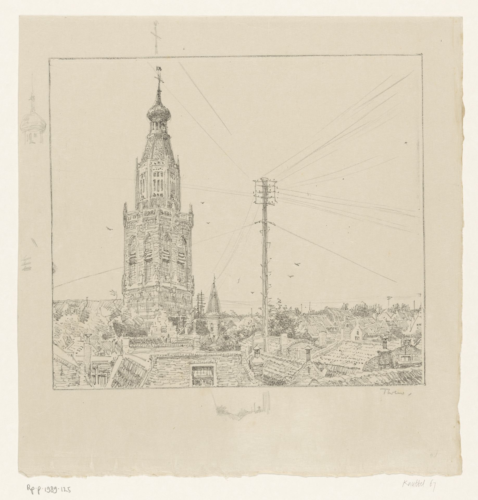 Gezicht op Enkhuizen met de toren van de Zuiderkerk en een telefoonmast by Willem Bastiaan Tholen