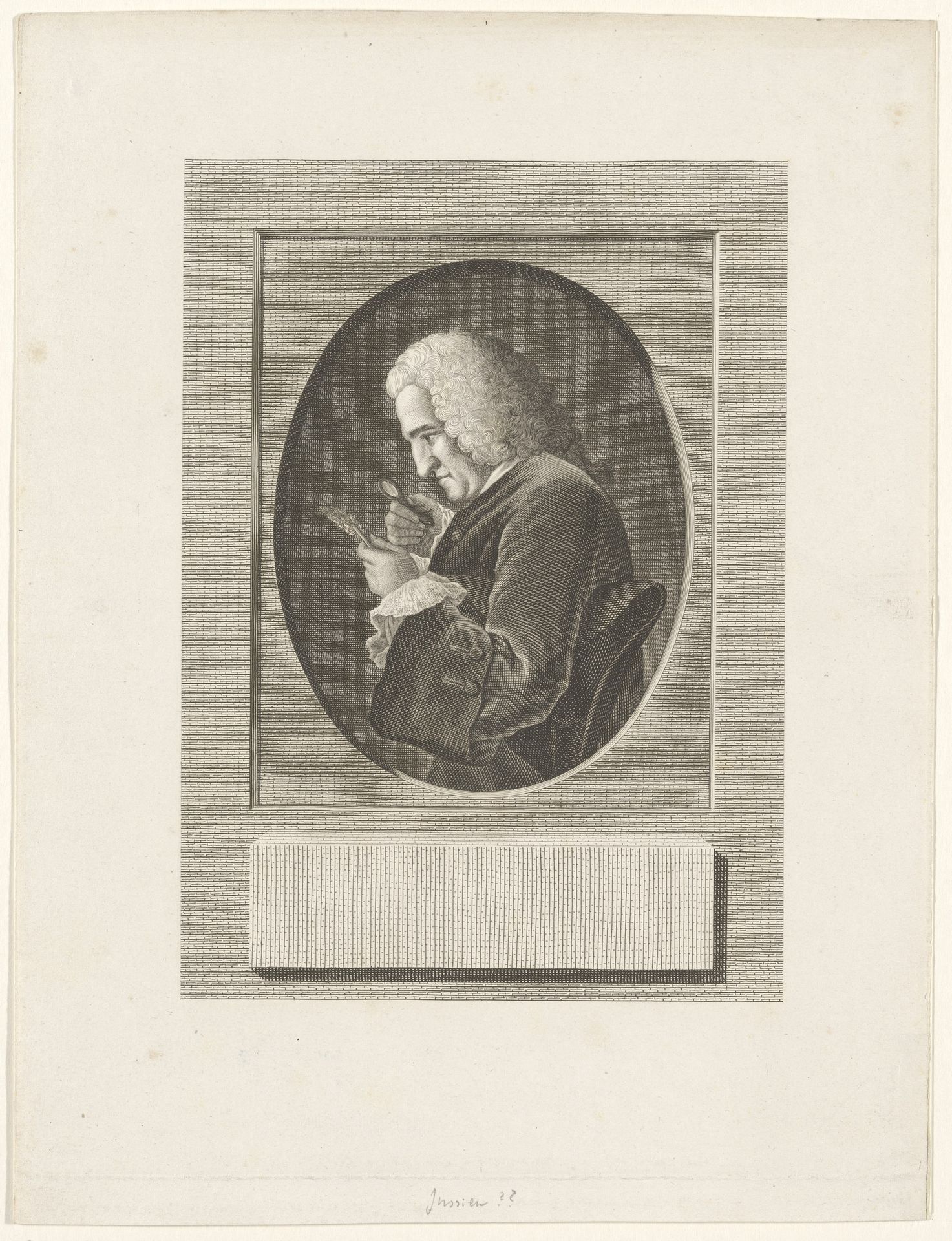 Portret van de botanicus Bernard de Jussieu, die door een loep een plant bekijkt. by Anonymous