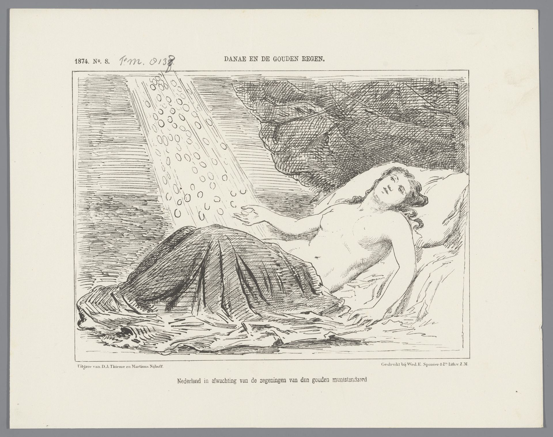 Spotprent over het wetsontwerp op de gouden muntstandaard, 1874 by Johan Michaël Schmidt Crans