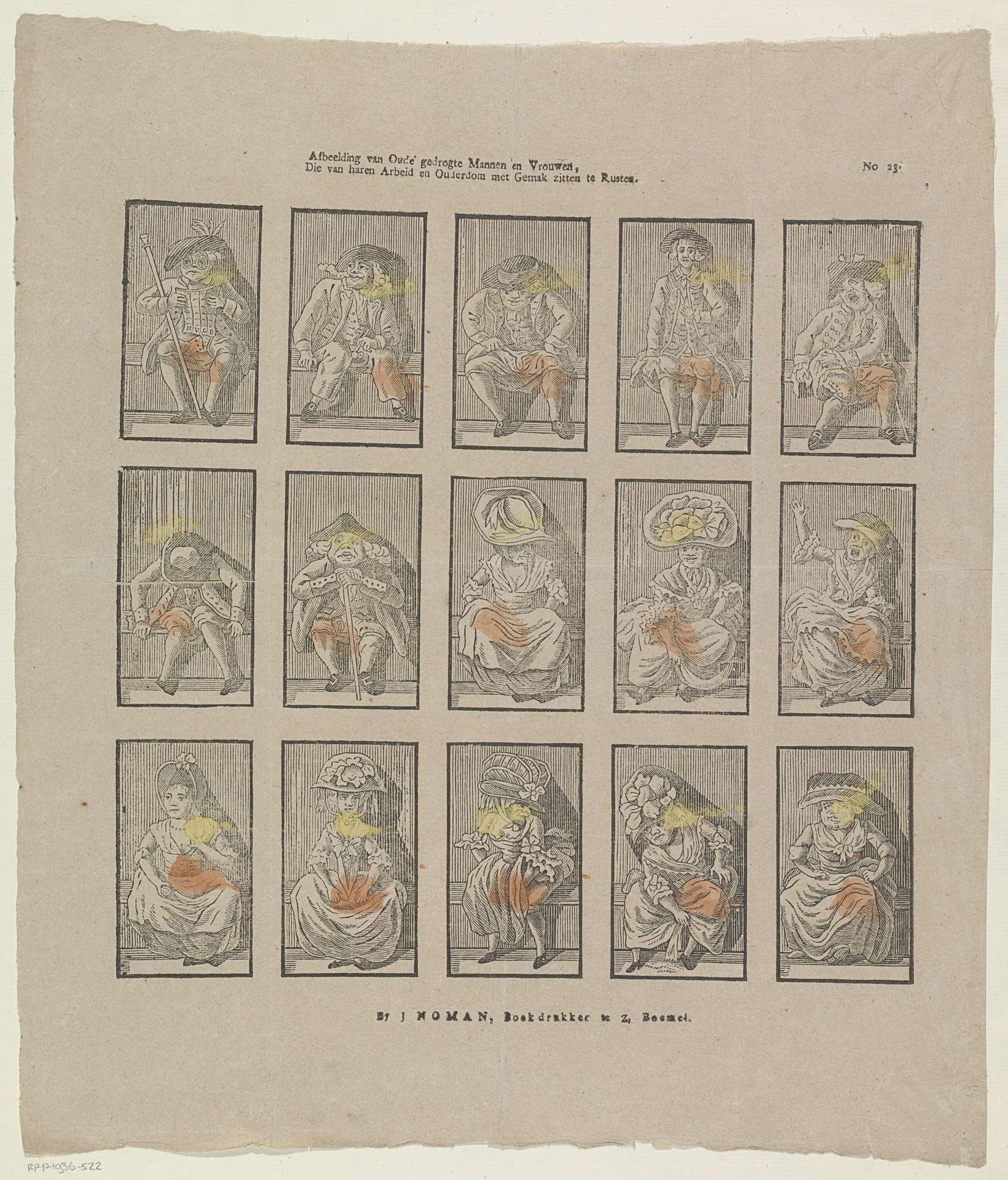 Afbeelding van oude gedrogte mannen en vrouwen, / Die van haren arbeid en ouderdom met gemak zitten te rusten by Dirk van Lubeek
