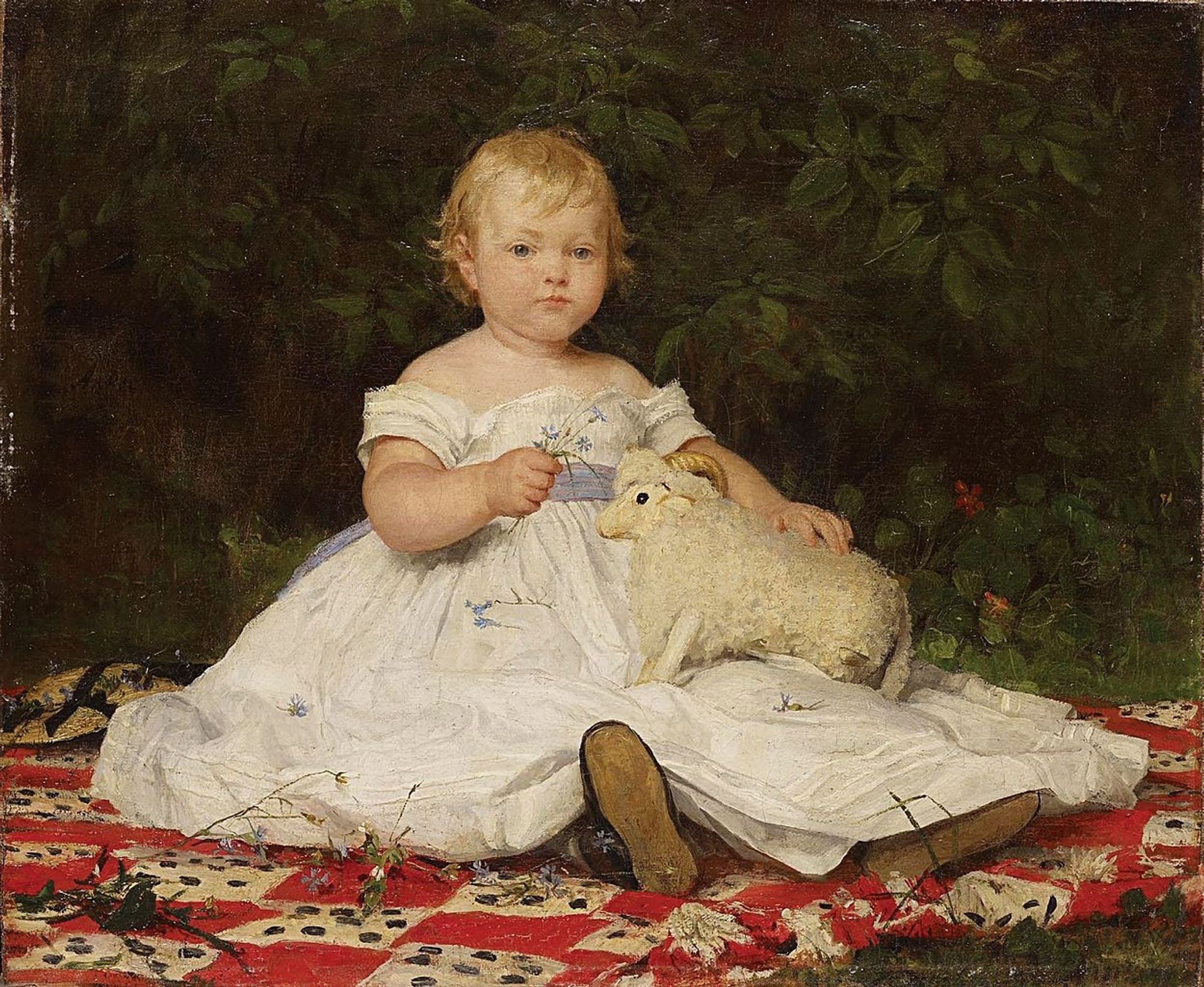 Portrait of Emilie Weiss (with soft toy) by Albrecht Anker