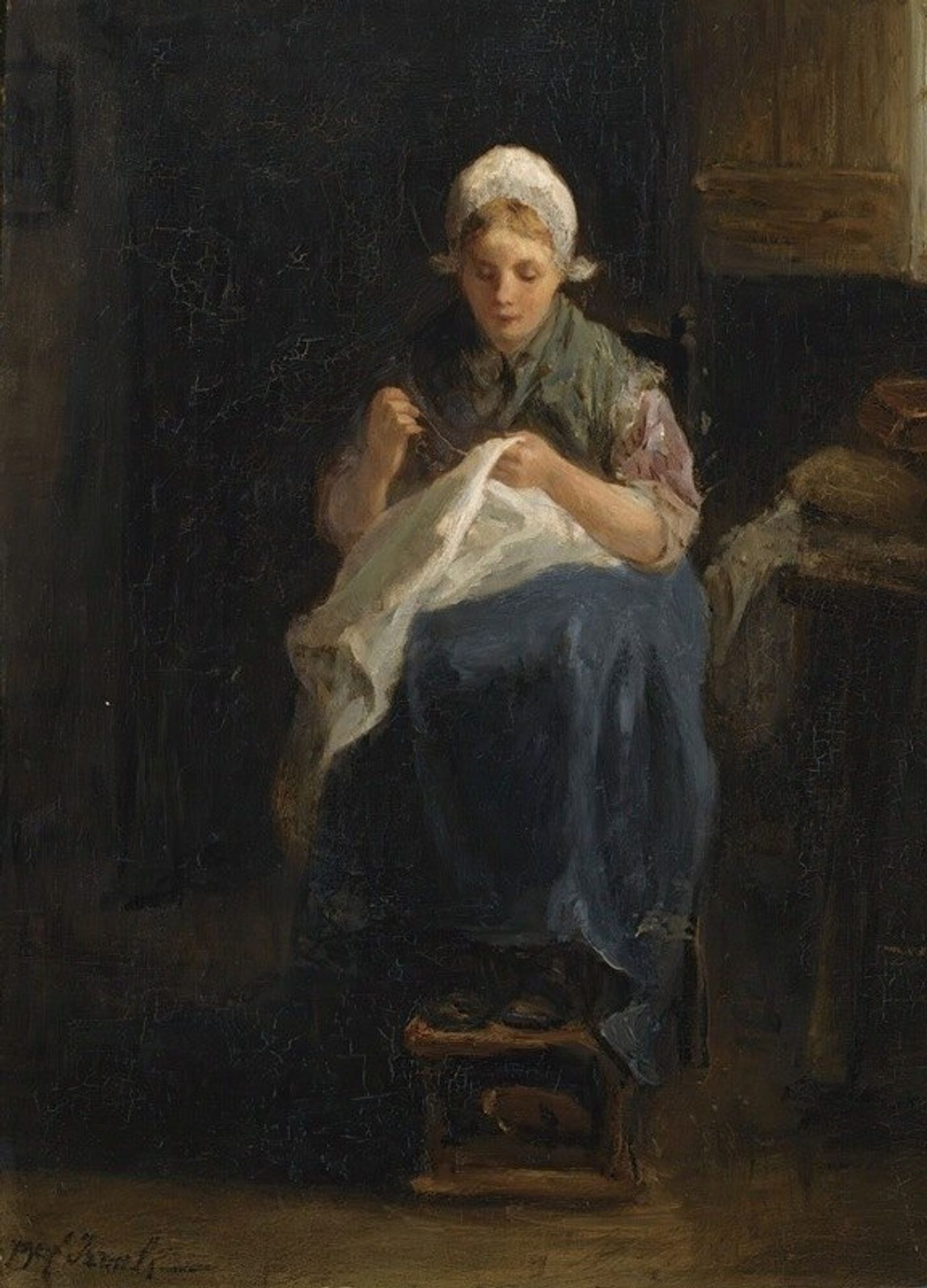A peasant girl sewing by Jozef Israëls