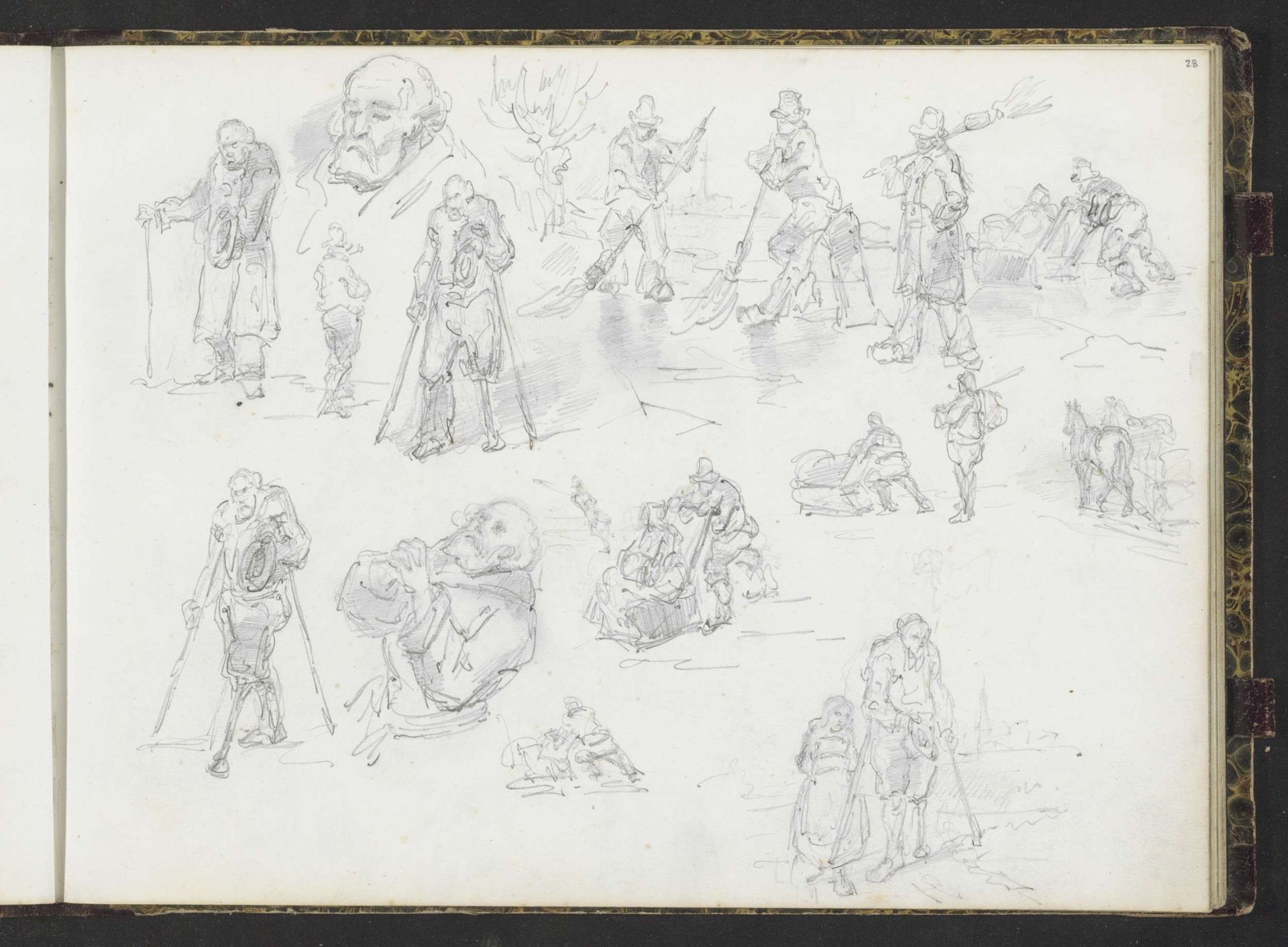 Studieblad met ijspret, monniken en bedelaars by Lambertus Lingeman