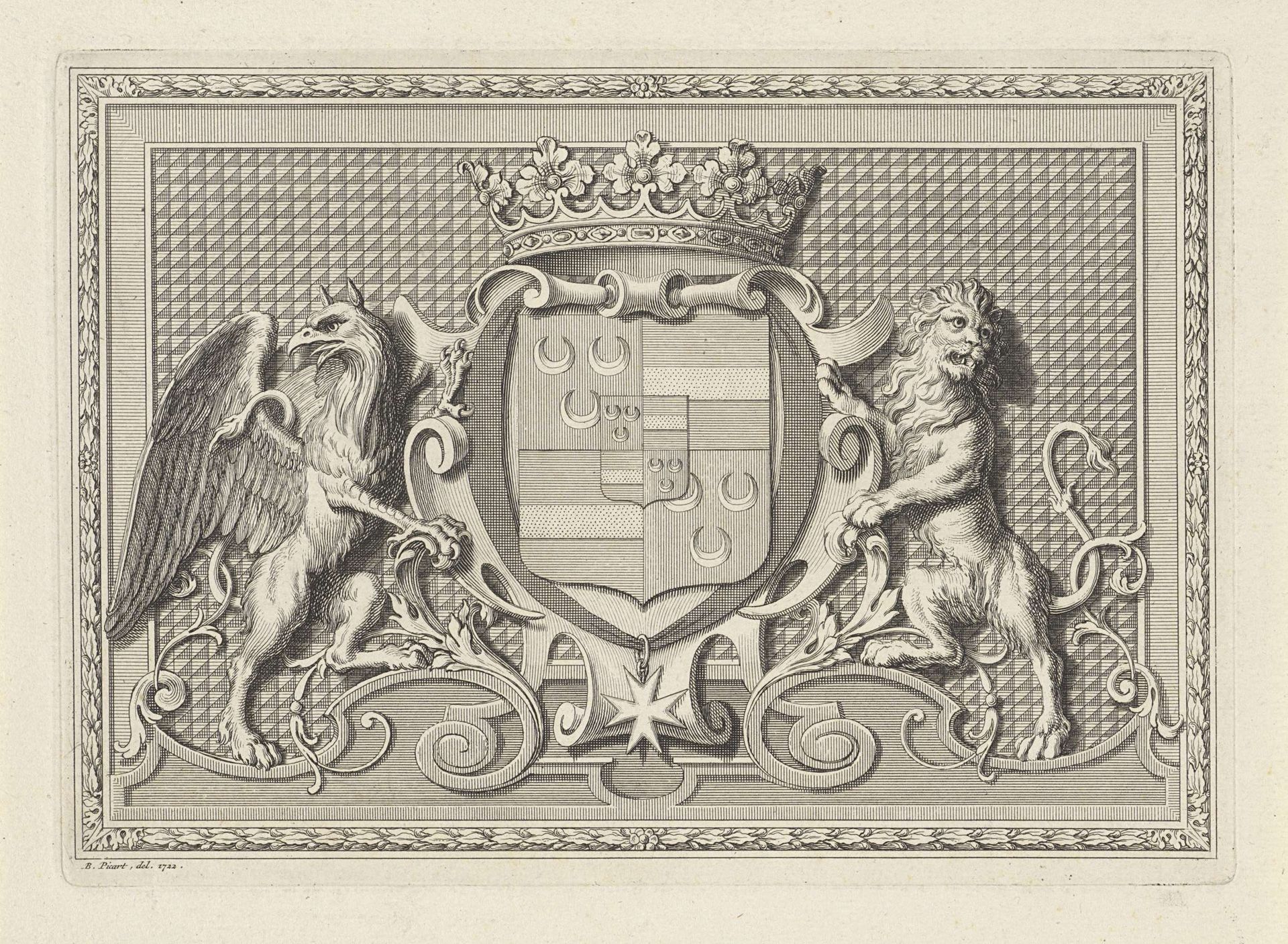 Gekroond wapenschild gedragen door een hybride adelaar en een leeuw by Bernard Picart