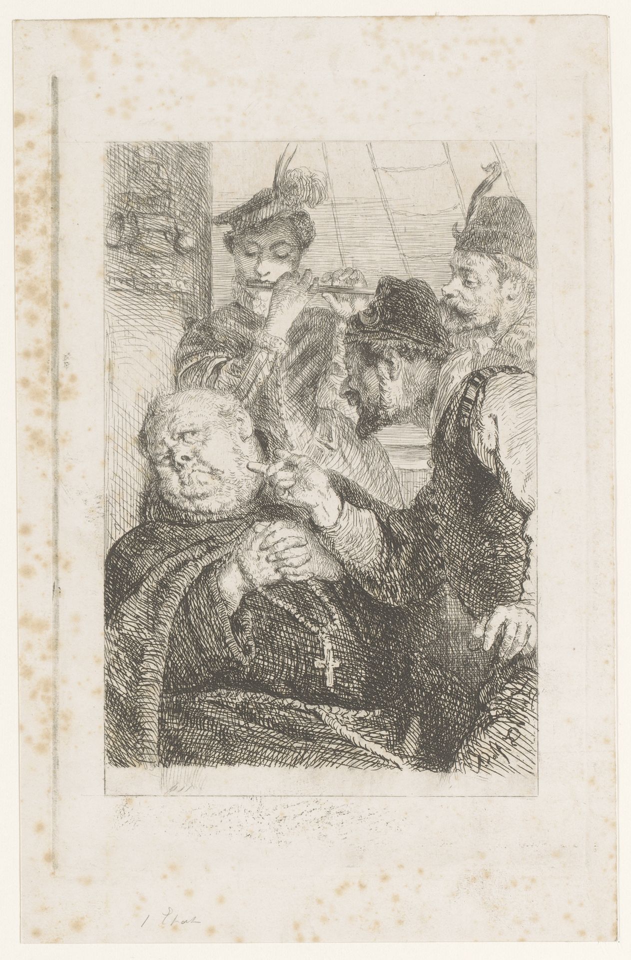 Drie mannen staan op een schip rondom een monnik met rozenkrans in zijn handen by Adolphe Alexandre Dillens