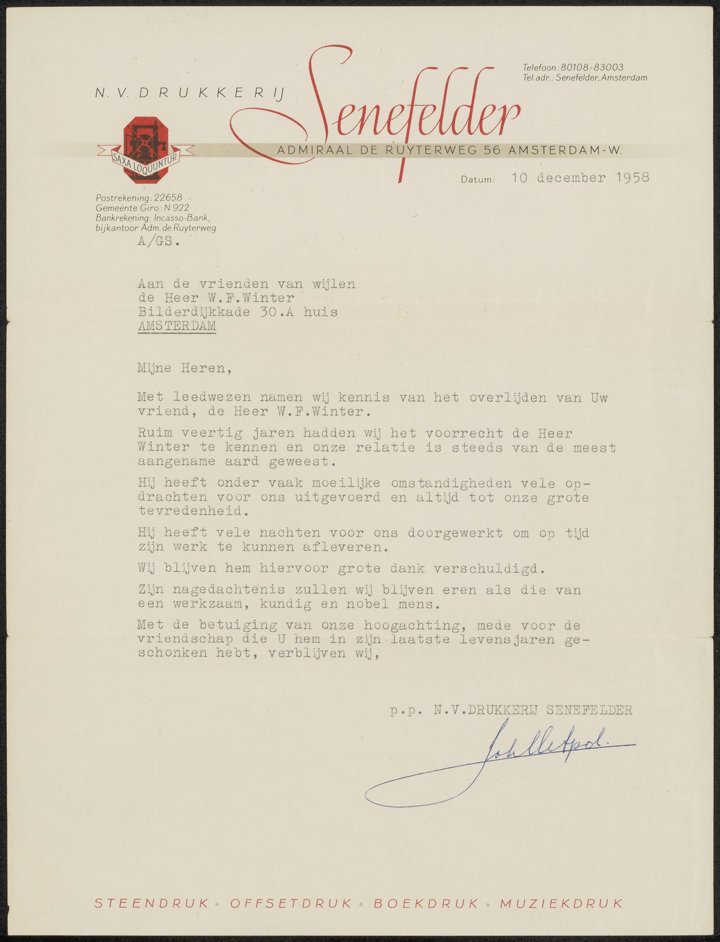 Brief aan de vrienden van wijlen Willem Frederik Winter by Stoomsteendrukkerij Senefelder