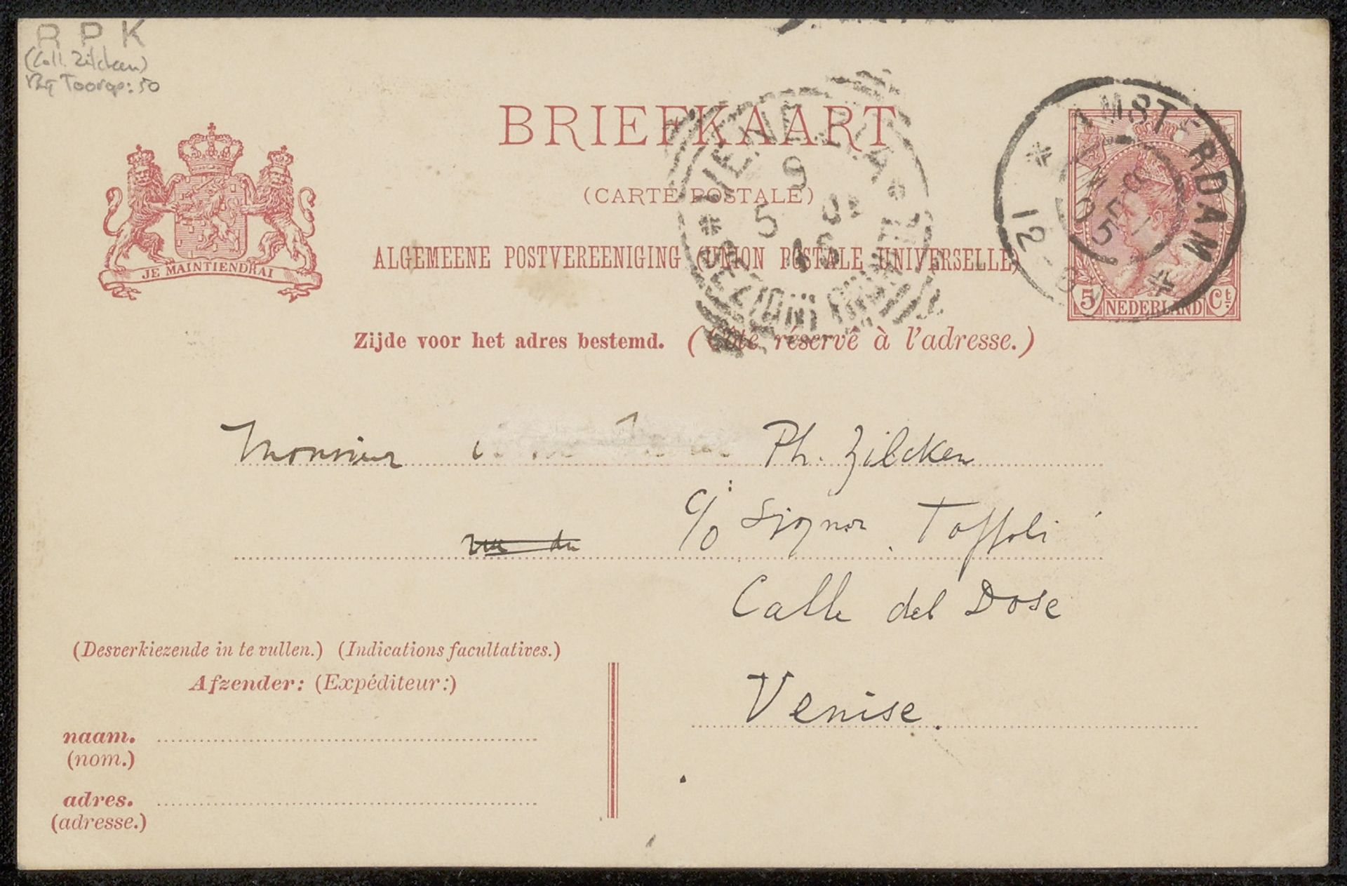 Briefkaart aan Philip Zilcken by Jan Toorop