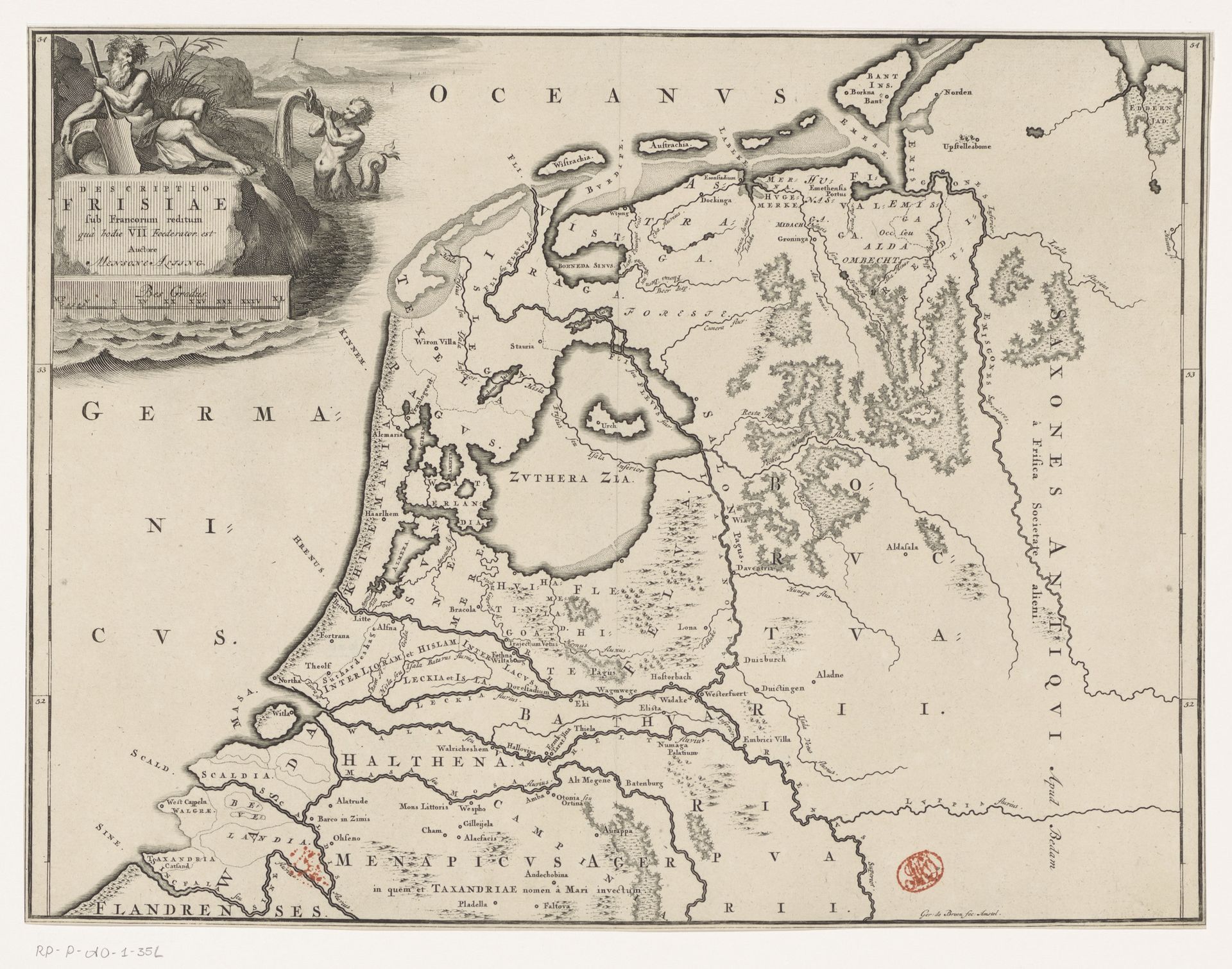 Historische kaart van Nederland met de gebieden van de Bataven en Friezen by Gerrit de (I) Broen