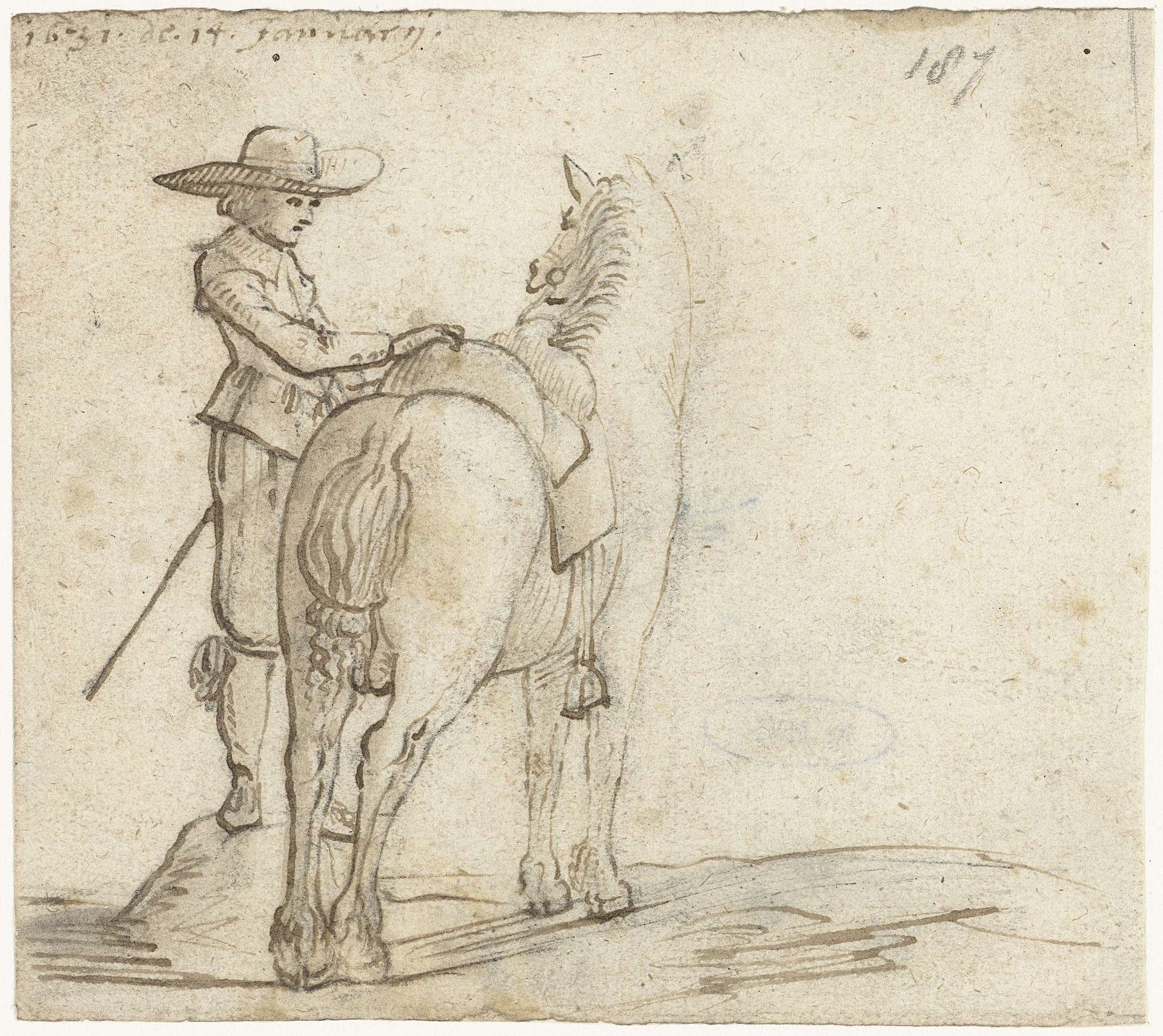 Man die het zadel van een paard verschikt by Gerard ter (II) Borch
