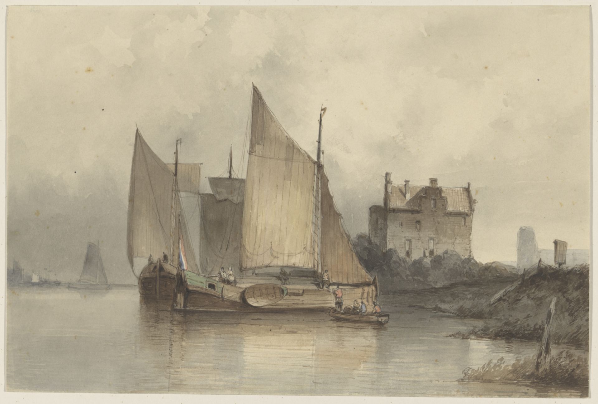 Riviergezicht met een zeilschip by Antonie Waldorp