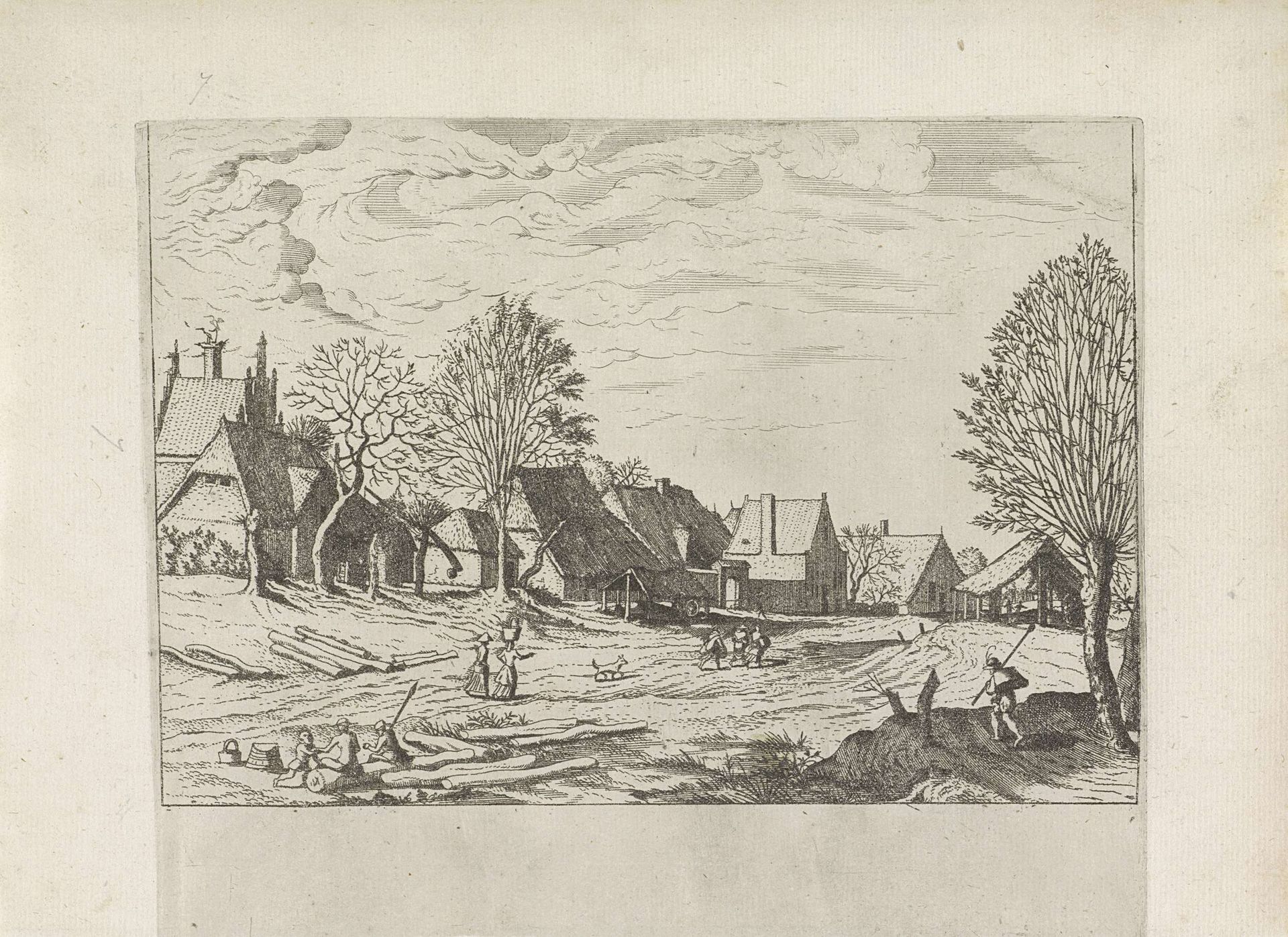 Dorpsstraat met een rustend paar op een boomstam by Johannes of Lucas van Doetechum