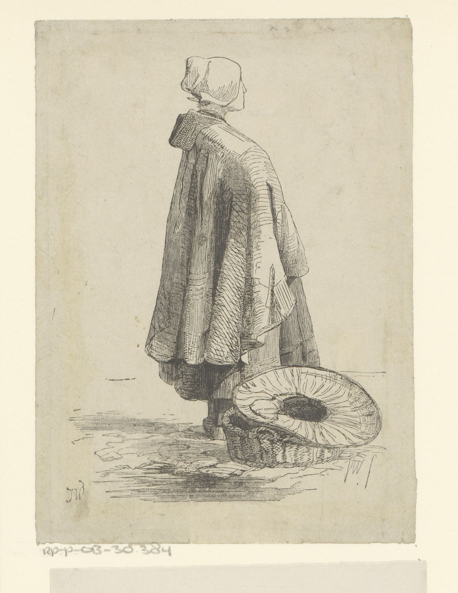 Vrouw met een cape staand naast een rieten mand by Isaac Weissenbruch