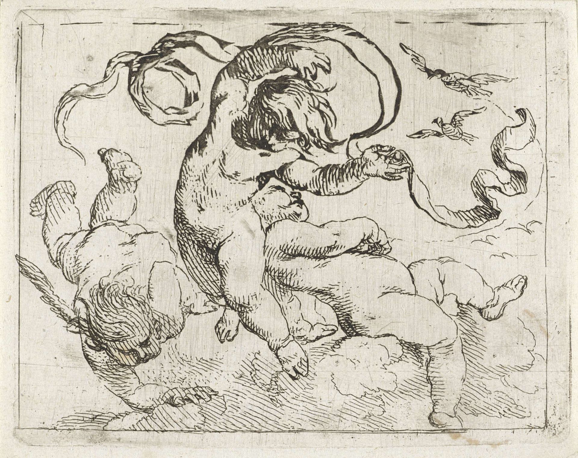 Drie vliegende putti met banderollen by Cornelis Schut