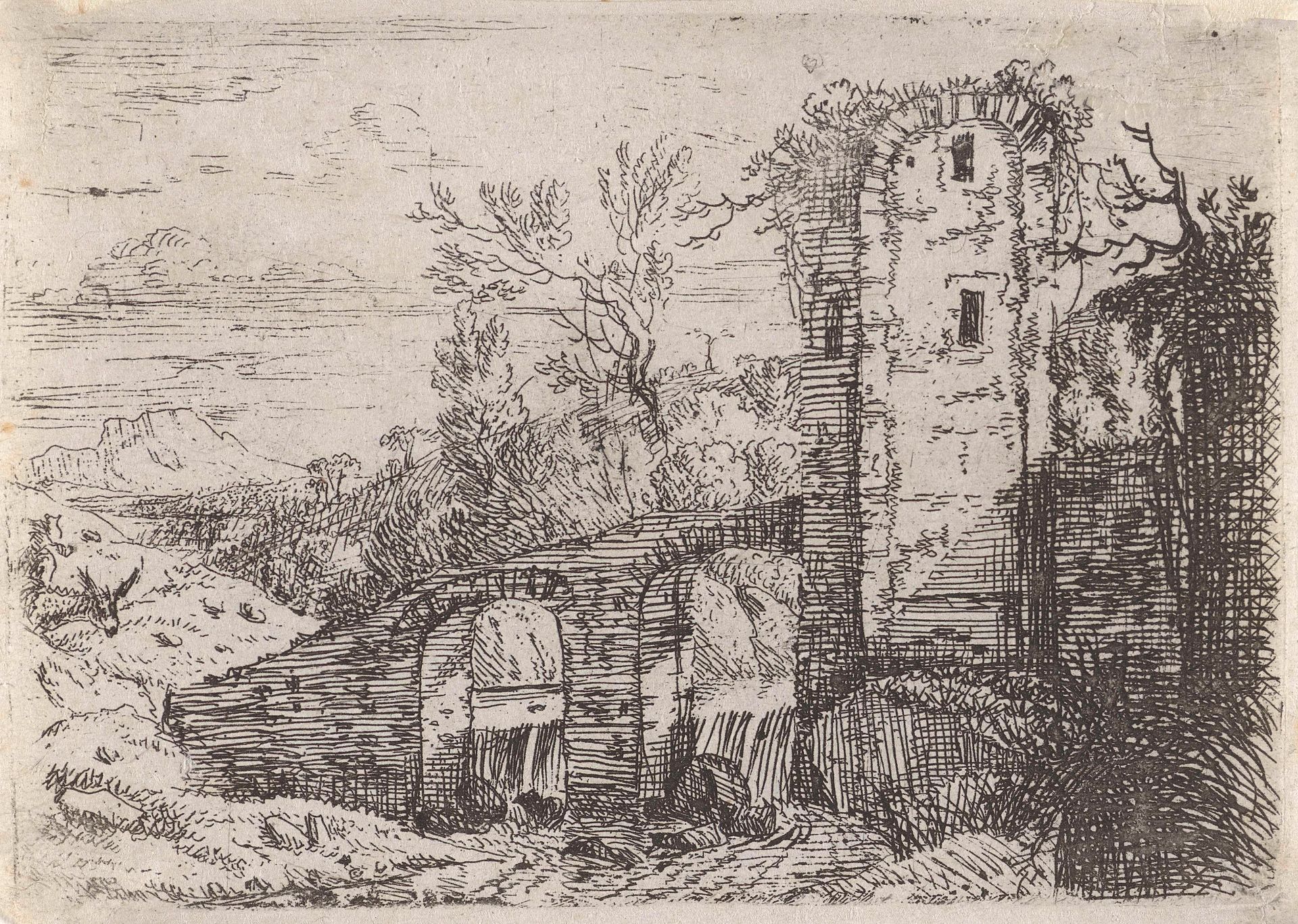 Stenen brug over waterval by Jan van Nickelen