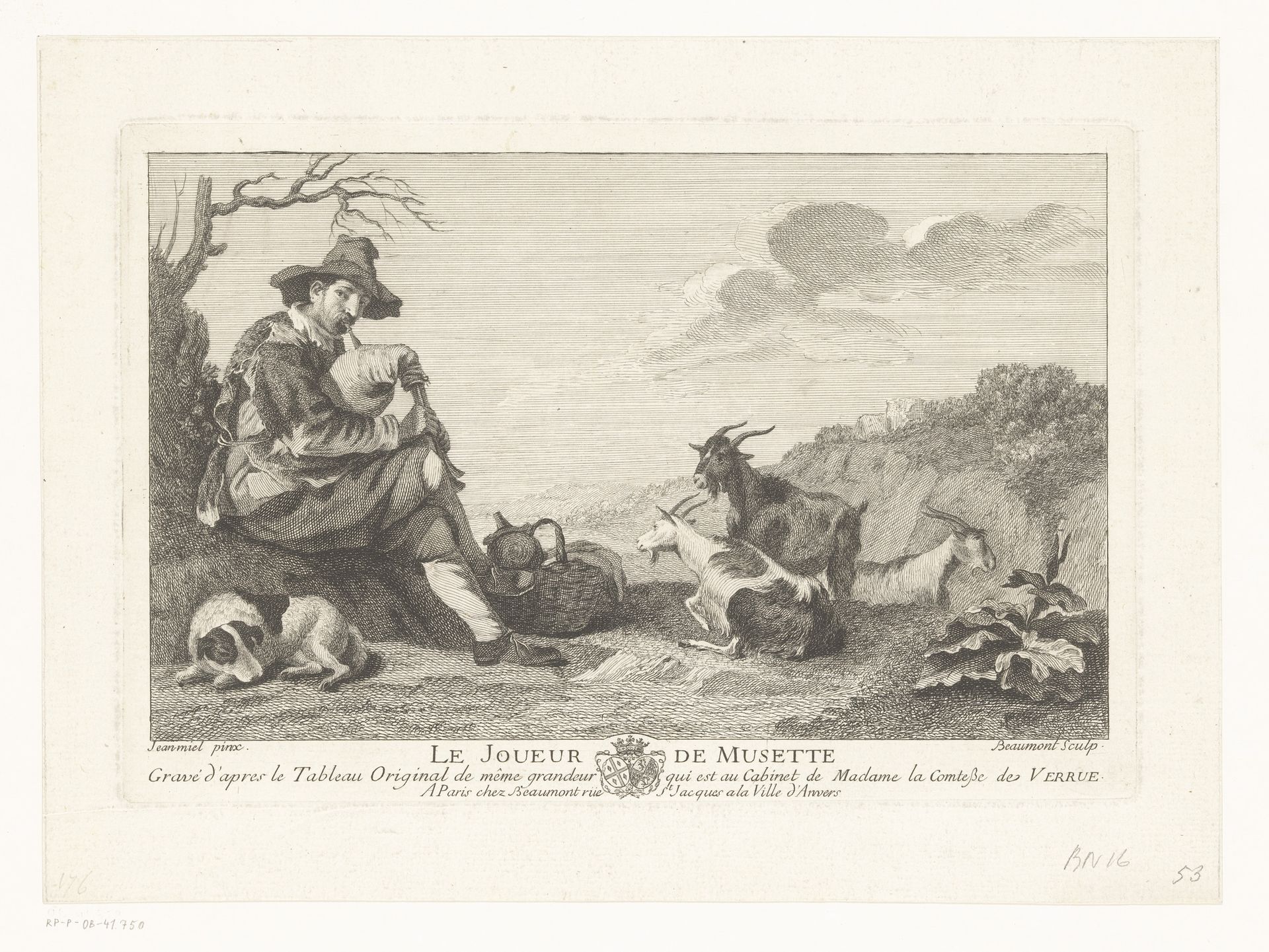 Doedelzakspeler met geiten by Pierre François Beaumont