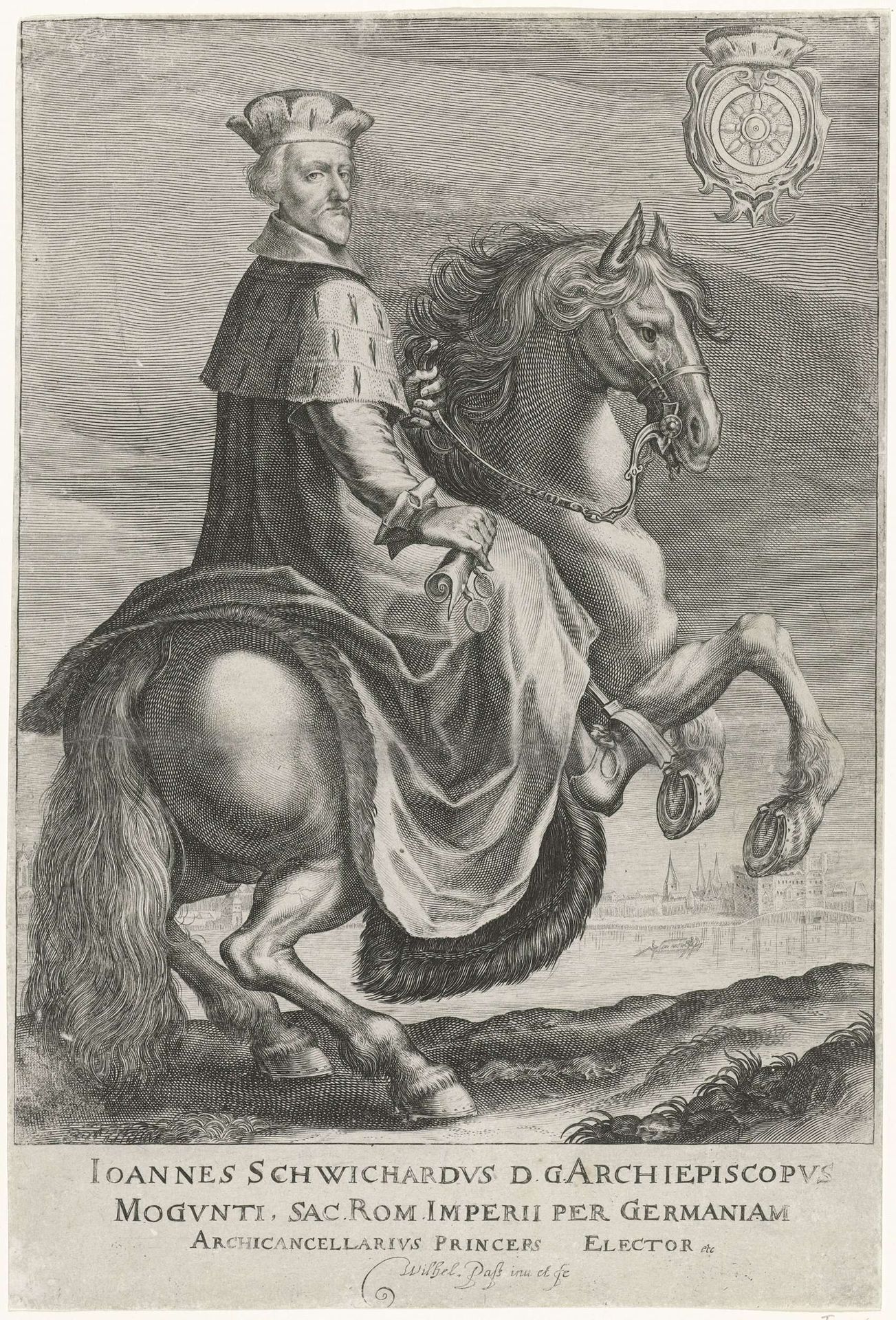 Johann Schweikhard von Kronberg te paard by Willem de Passe