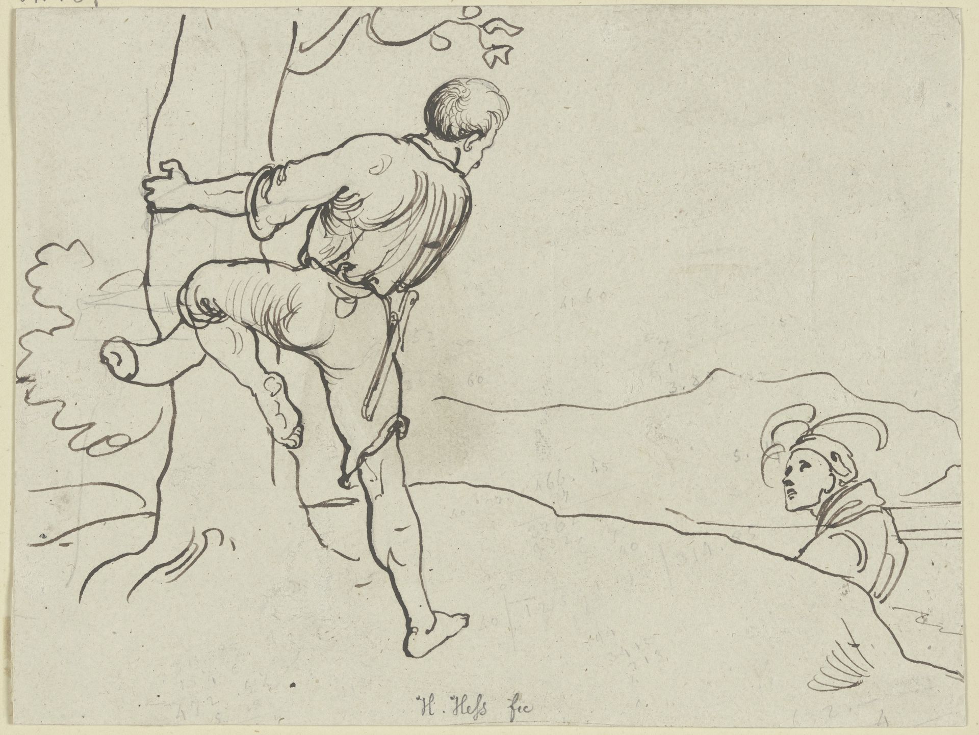 Mann, einen Baum hinaufsteigend, ein weiterer mit auffälliger Kopfbedeckung schaut ihm zu by Hieronymus Hess