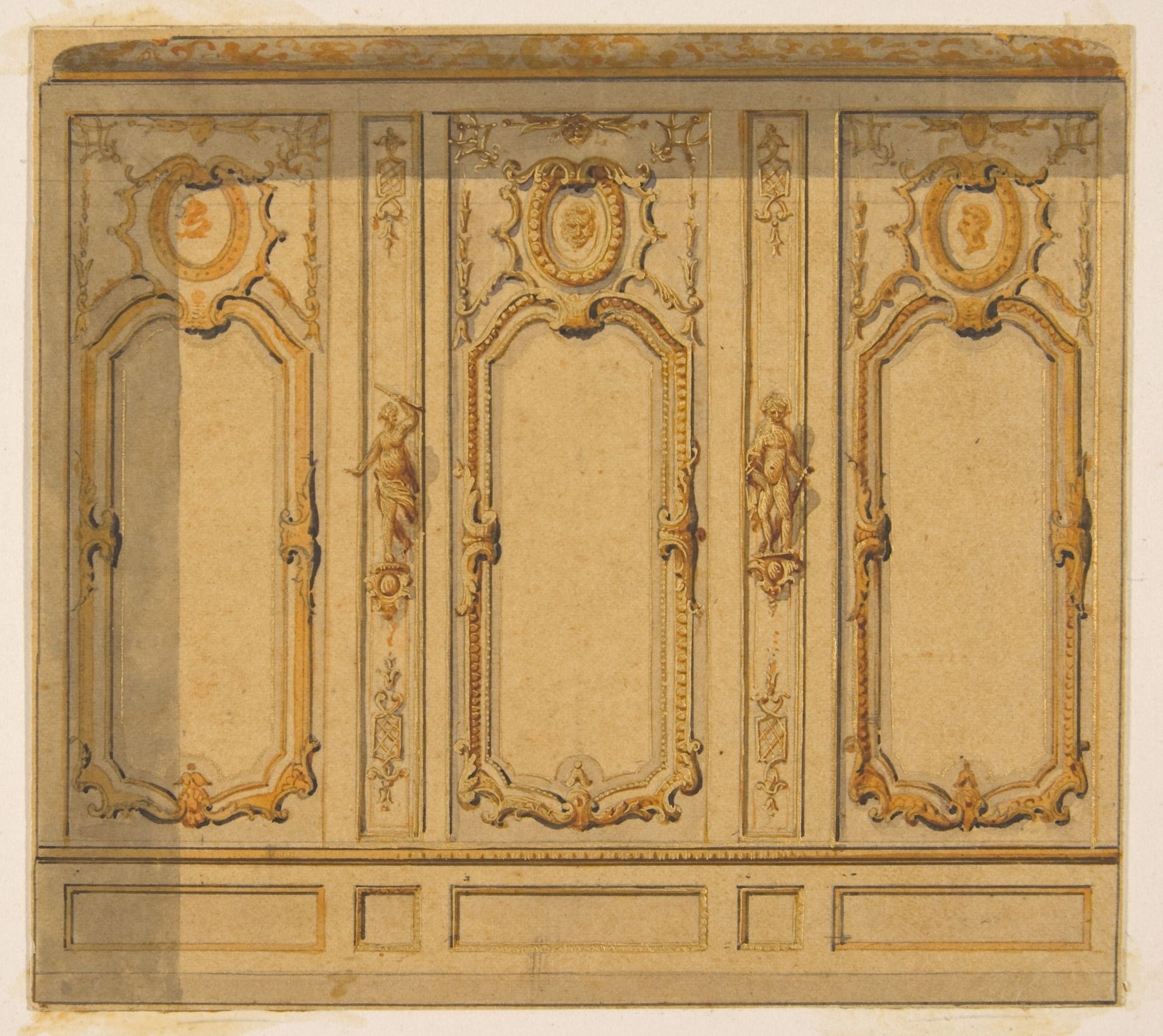 Elevation of an interior showing a wall decorated in ornate panels and mounted statuettes by Jules-Edmond-Charles Lachaise