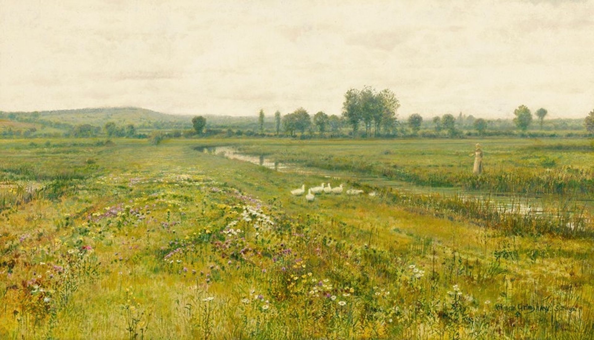 An extensive meadow landscape with geese by a stream by John Atkinson Grimshaw