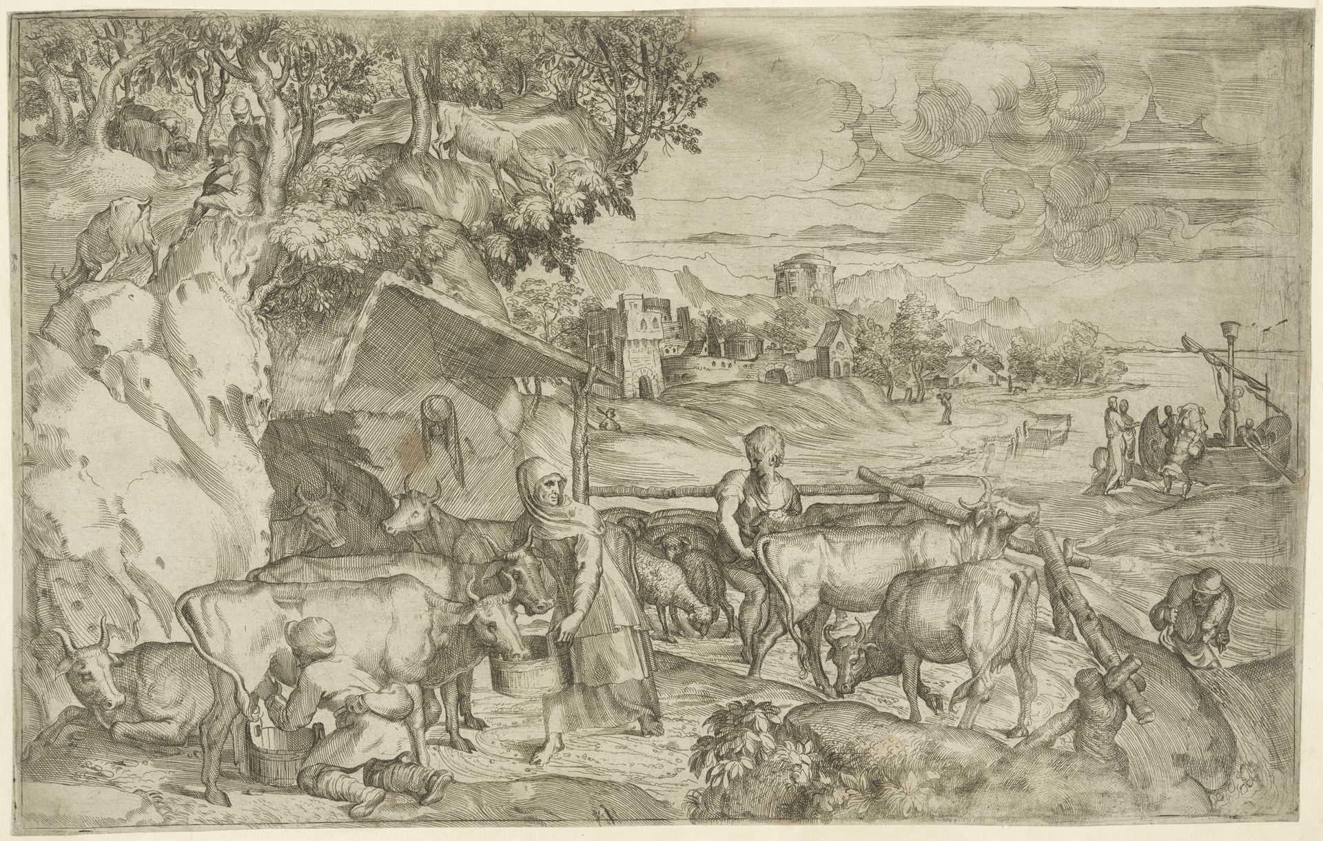 Landschap met vee by Battista Angolo del Moro