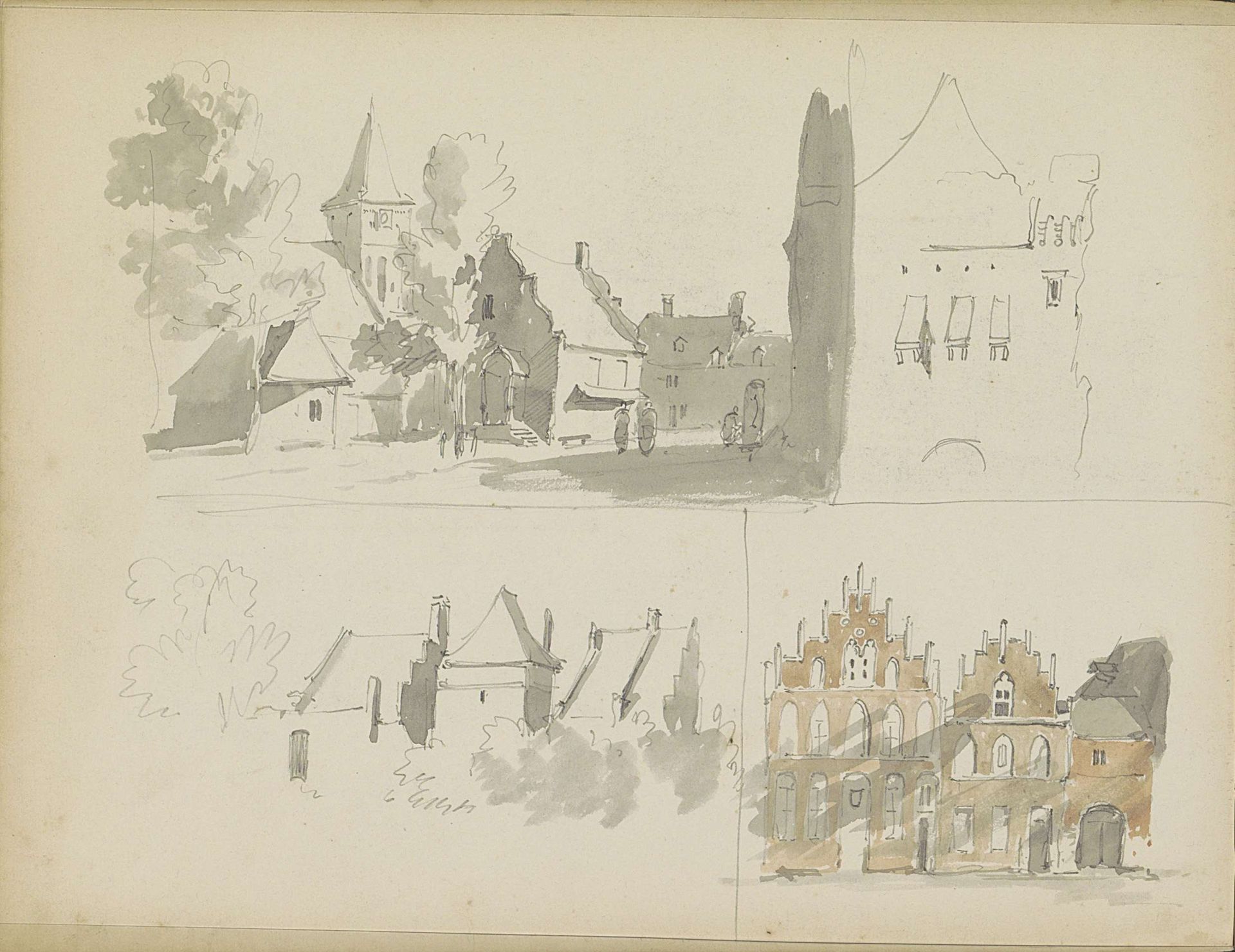Studieblad met gebouwen en een stadsgezicht by Adrianus Eversen