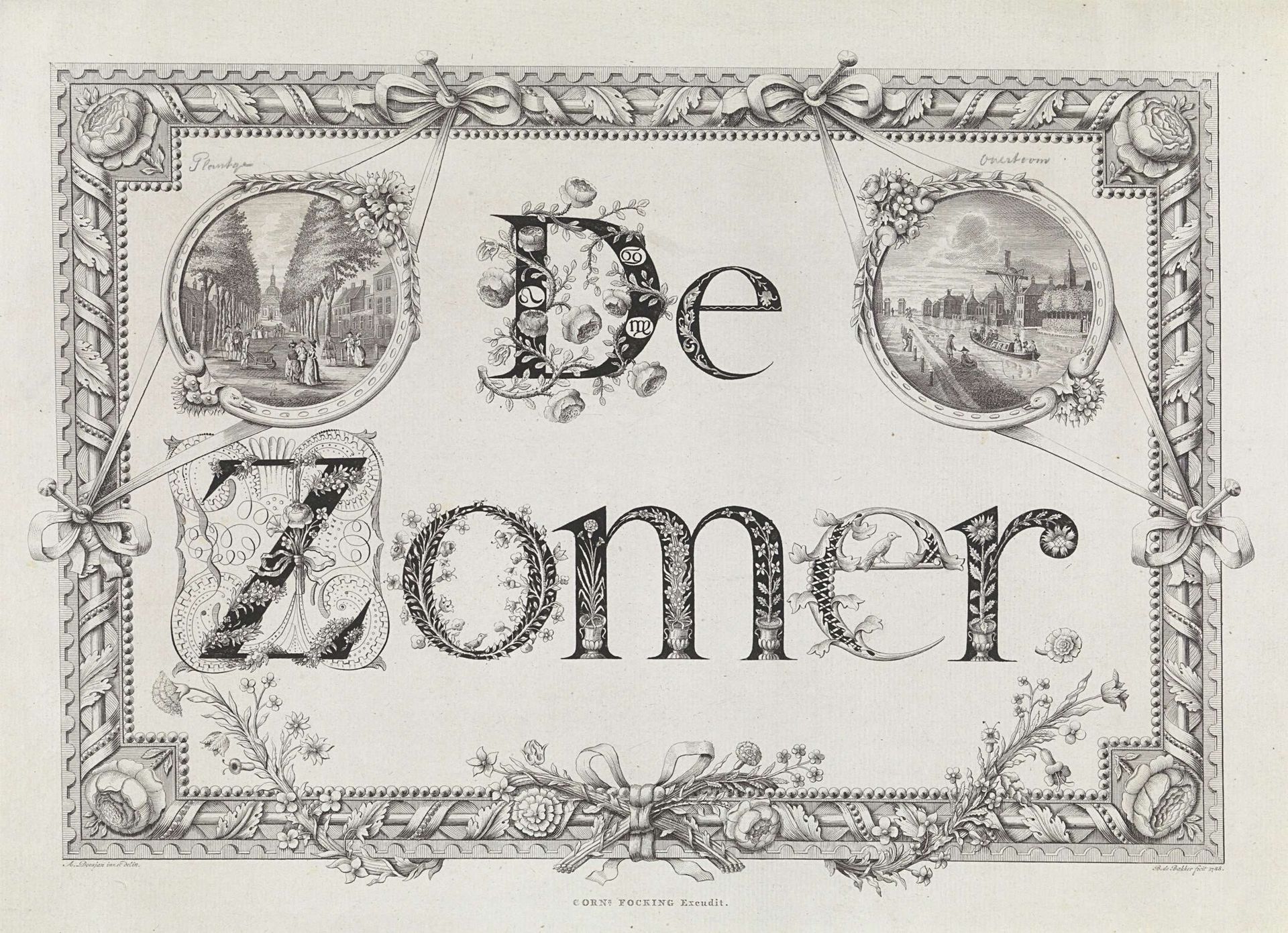 Rechthoekige omlijsting met bladornamenten en bloemen voor de Zomer en medaillons met gezichten op de Plantage en de Overtoom te Amsterdam by Barent de Bakker