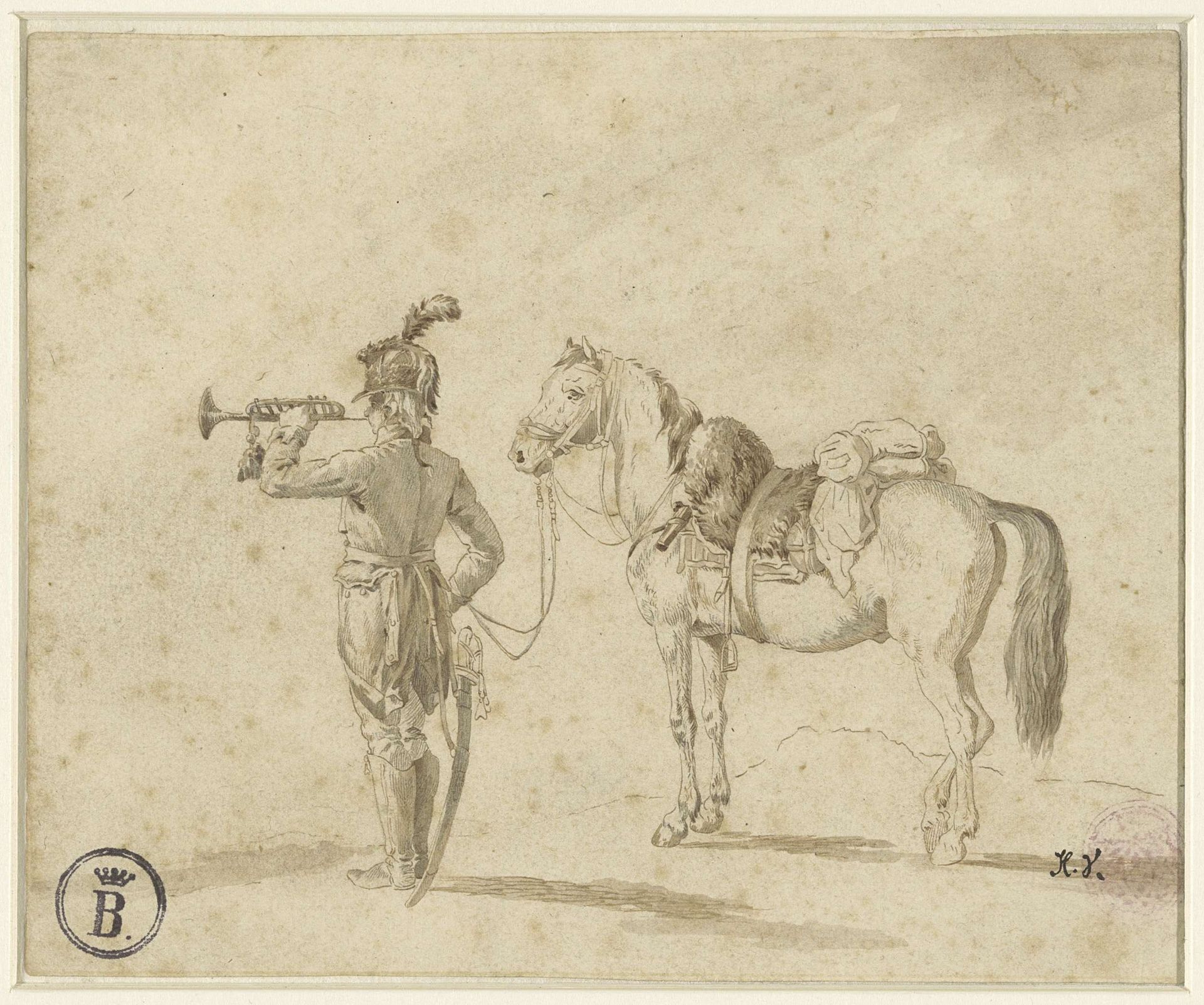 Trompetter naast paard by Horace Vernet