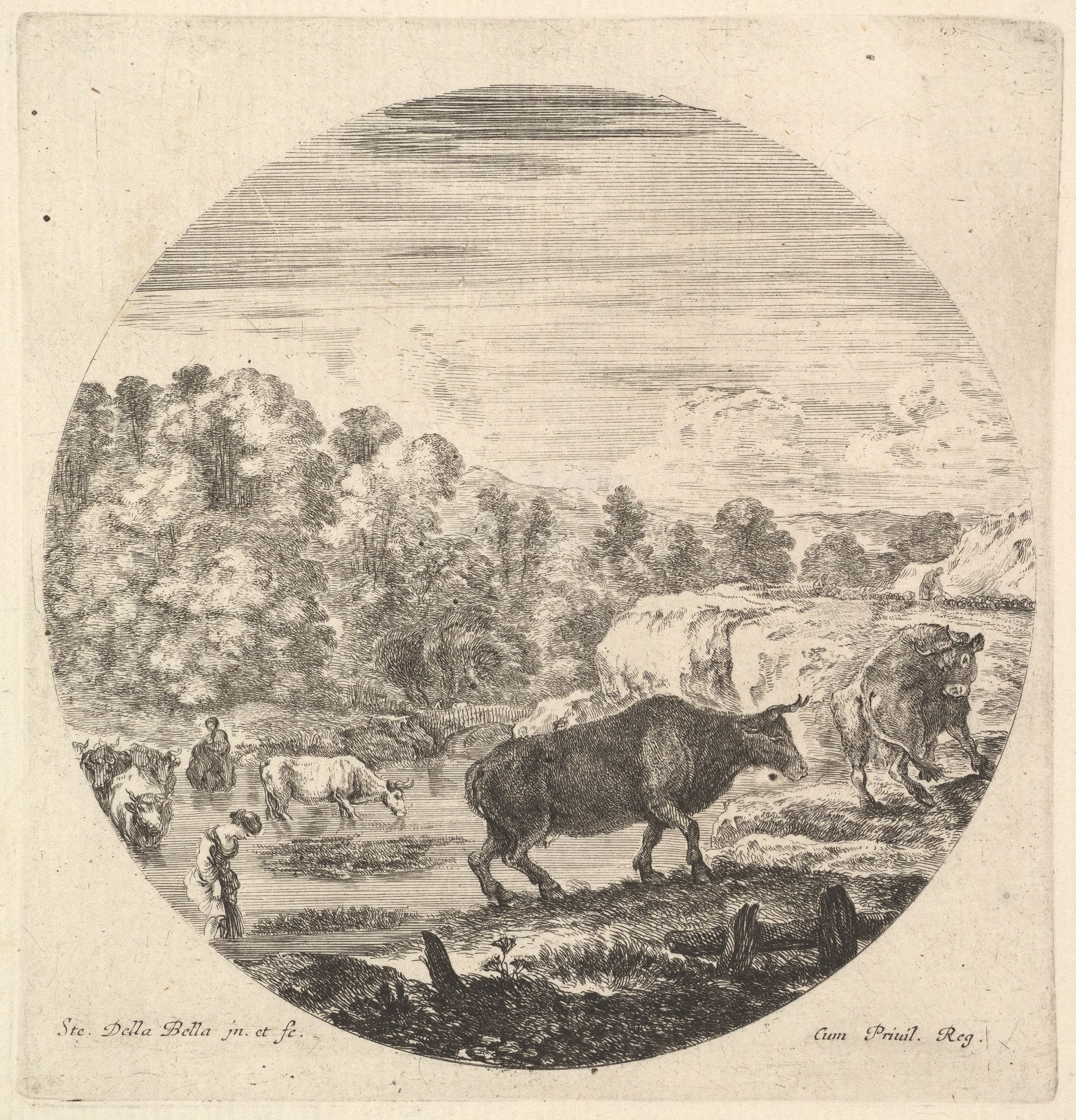 Two cows in center, followed by two peasant women and other cows in the river to left, a round composition, from 'Six animal subjects' (Six sujets d'animaux) by Stefano della Bella