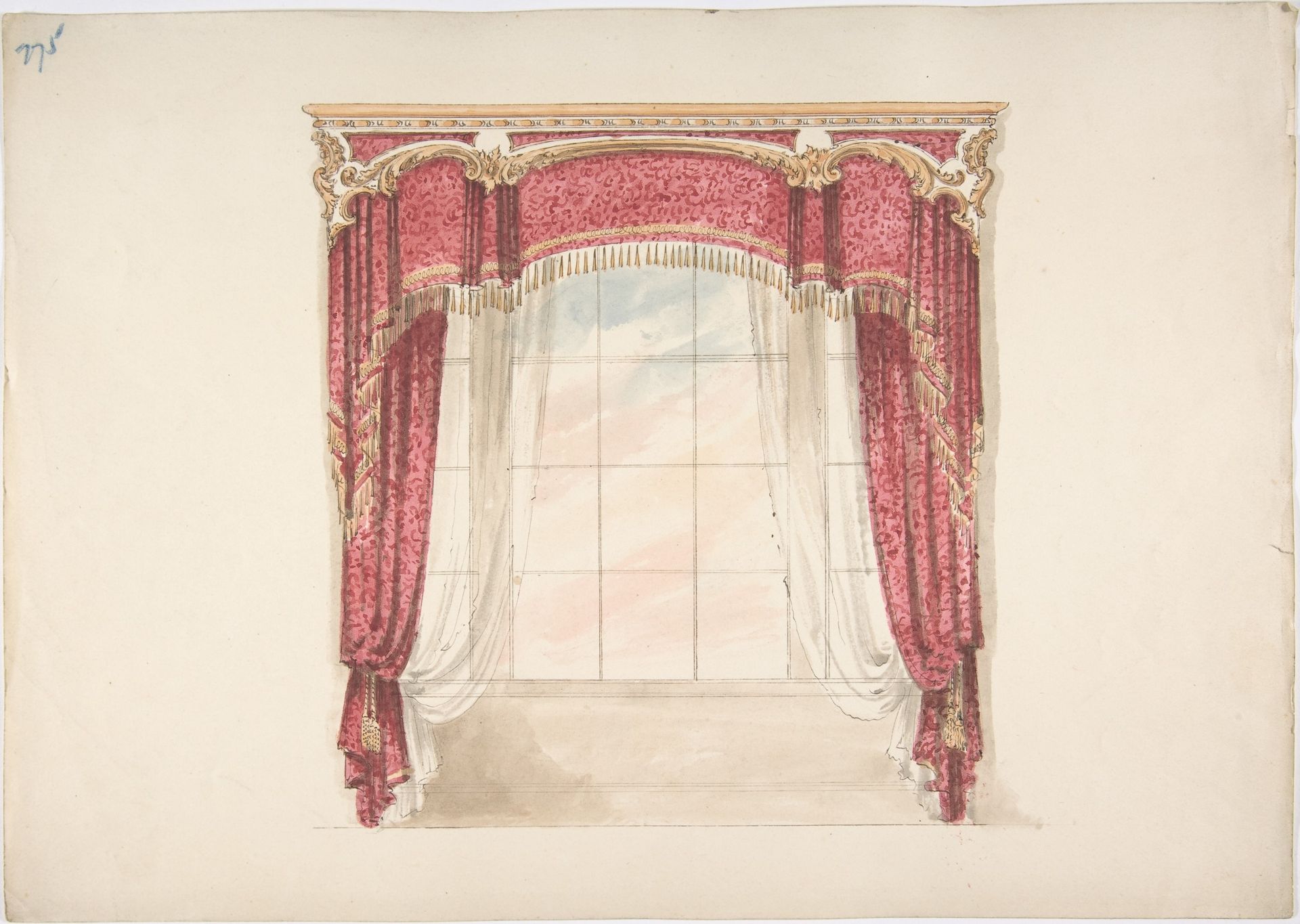 Design for Red Curtains with Gold Fringes and Gold and White Pediment by Anonymous