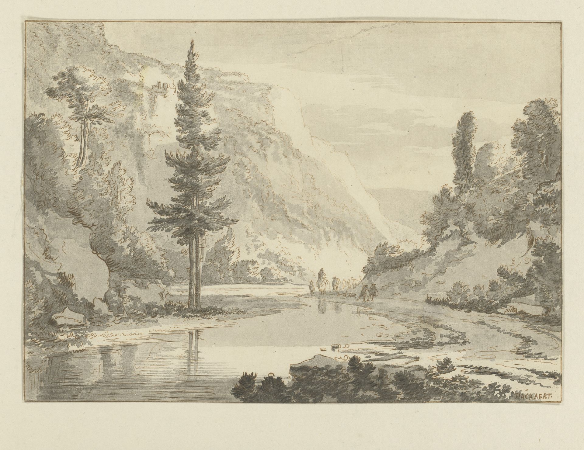 Berglandschap met herder op een rivieroever by Cornelis Brouwer