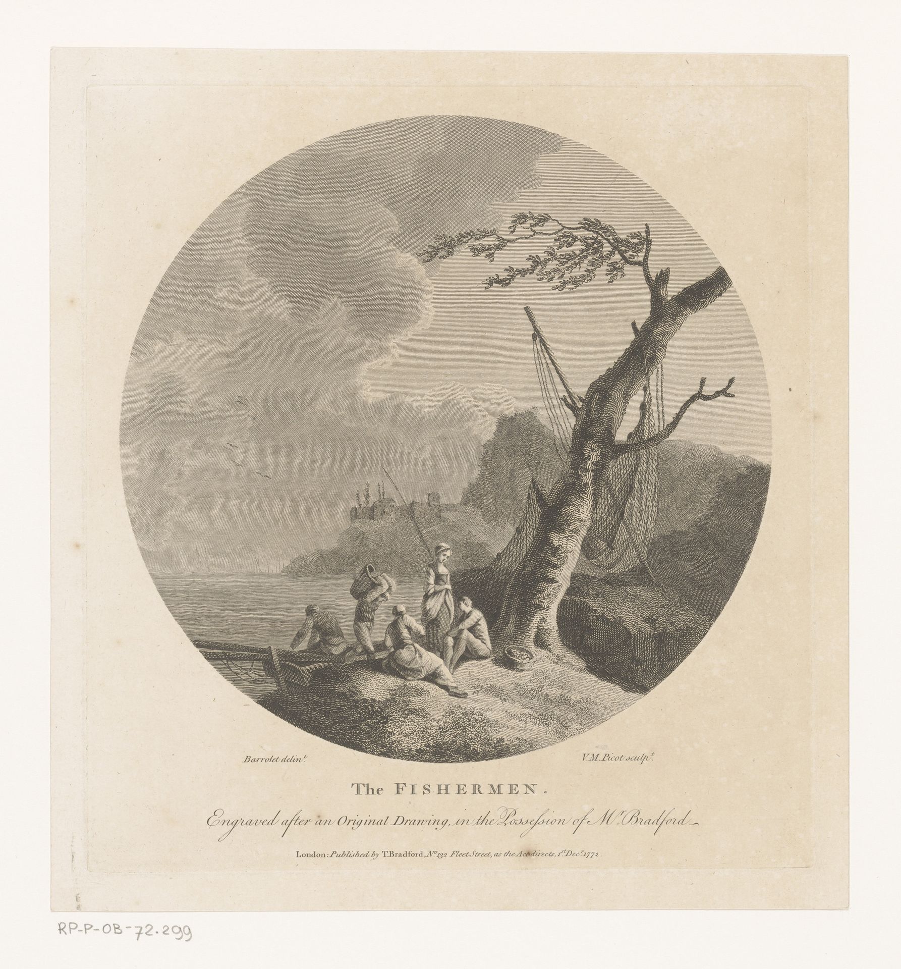 Landschap met vissers bij een boom met visnetten by Victor Marie Picot
