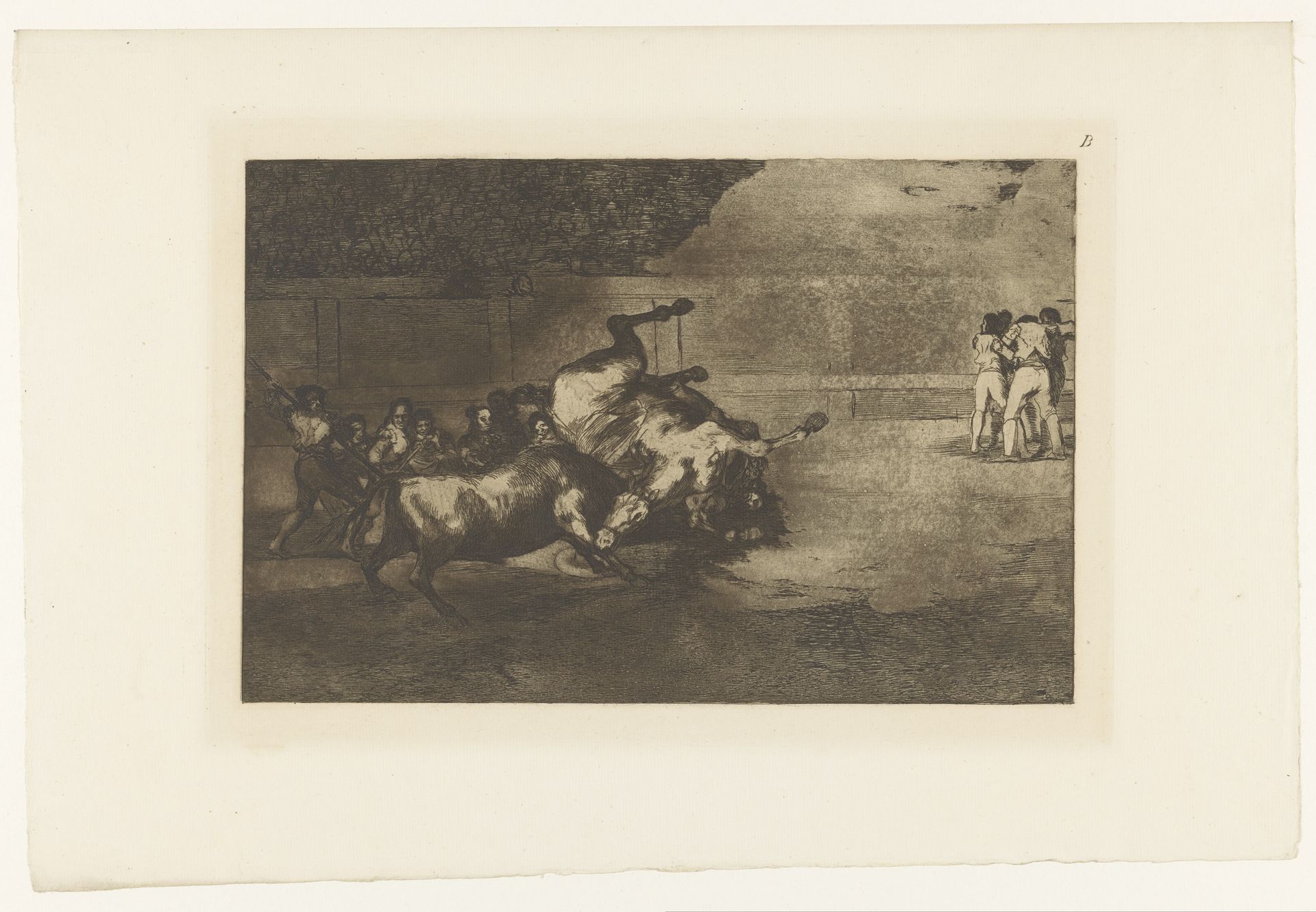 Paard omver gegooid door een stier by Francisco de Goya