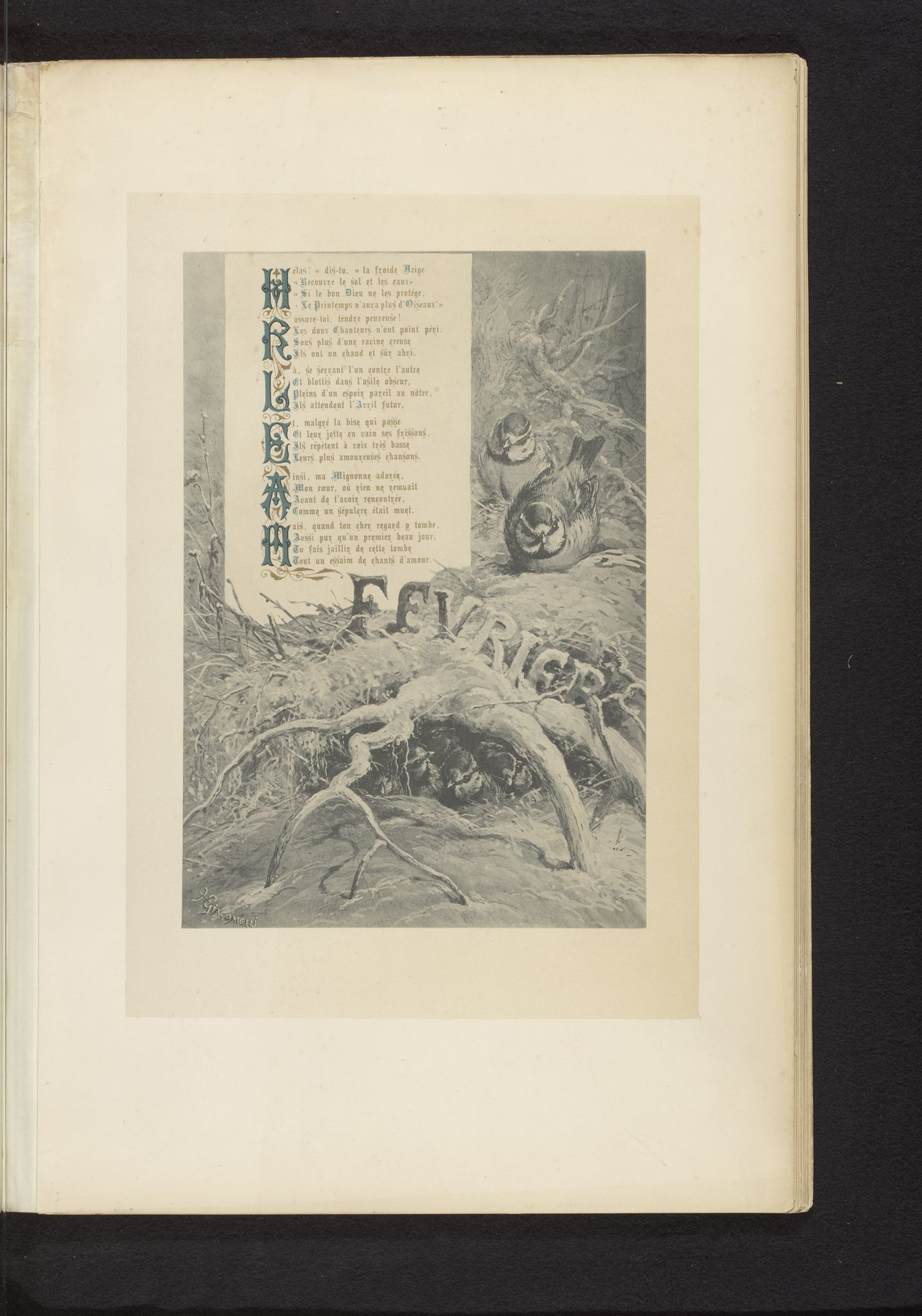 Reproductie van een prent van twee vogels op een besneeuwde tak, met het gedicht Février van François Coppée, door Hector Giacomelli by Paul Dalloz