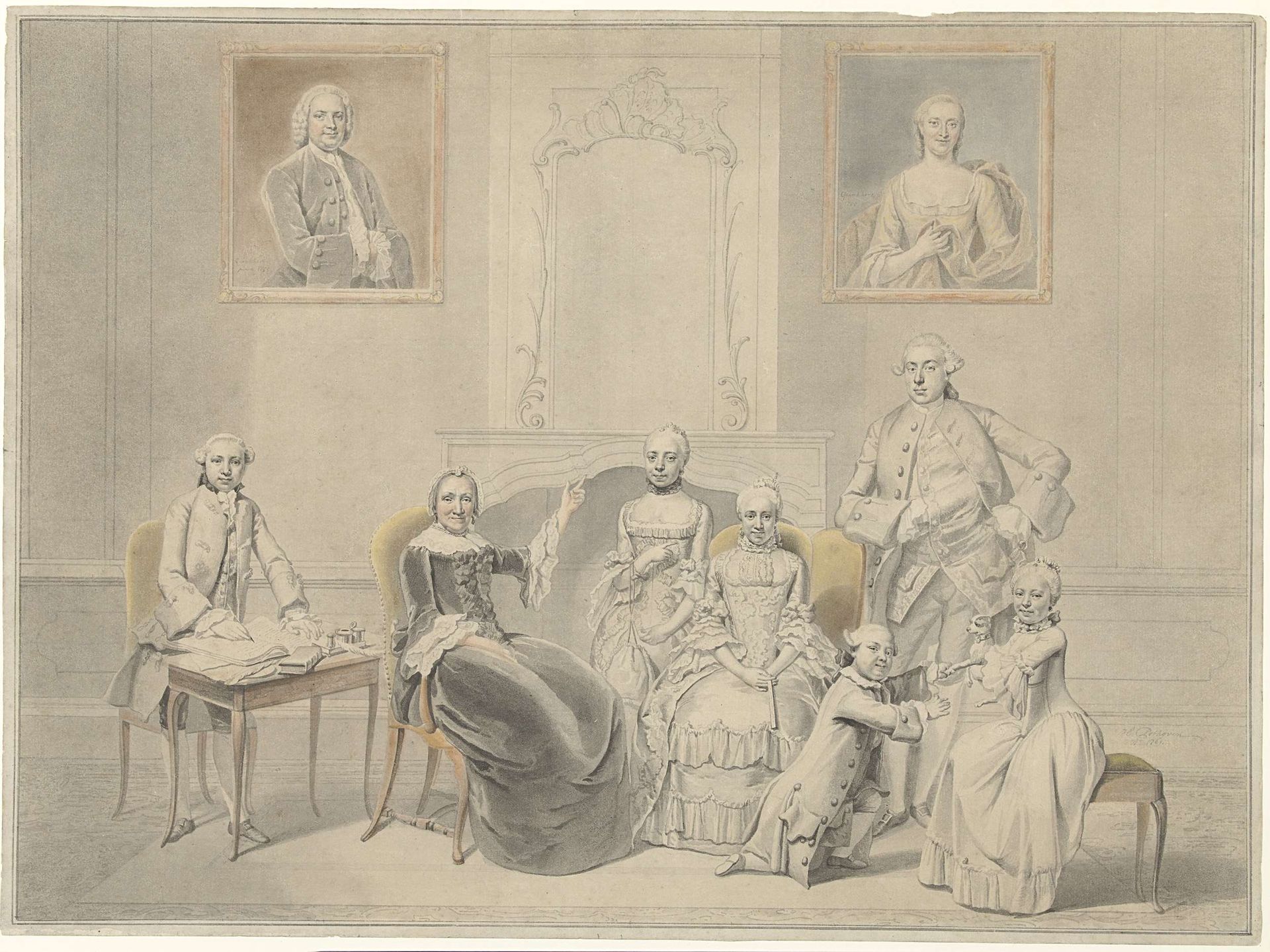 De kinderen van Pieter Cornelis Hasselaer en Clara Wendela Sautijn, wier portretten aan de wand hangen, met hun grootmoeder Wendela Eleonora Reael by Hendrik Pothoven